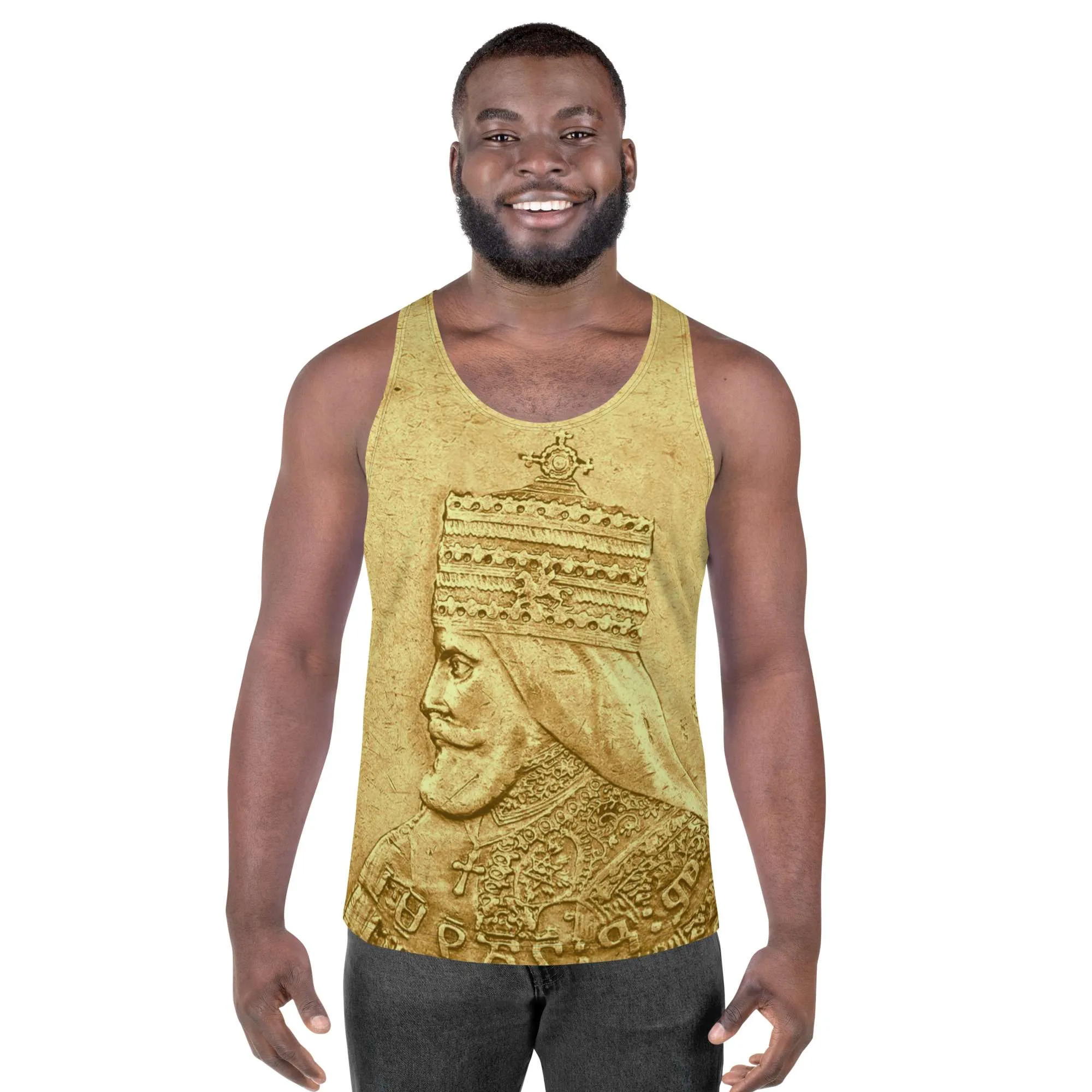 Haile Selassie Ancient Amharic Tank Top male model front view in soft fabric and relaxed fit. Rastaseed Rastafarian Jamaican and Reggae merchandise.