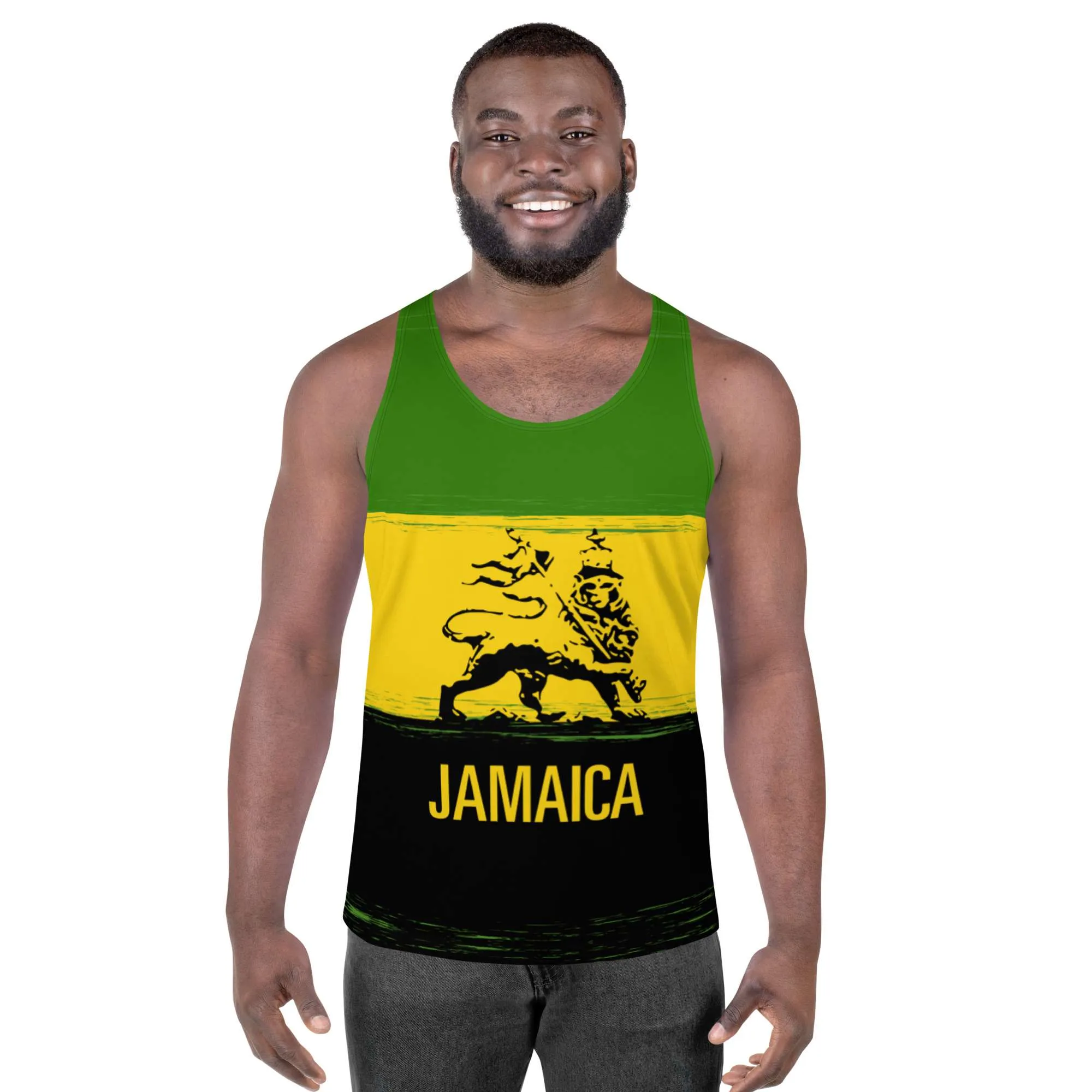 Jamaica Lion Tank Top male model front view in Jamaican colors with Lion of Judah. Soft fabric and relaxed fit for hot Summer weather. Rastaseed merchandise and clothing store.