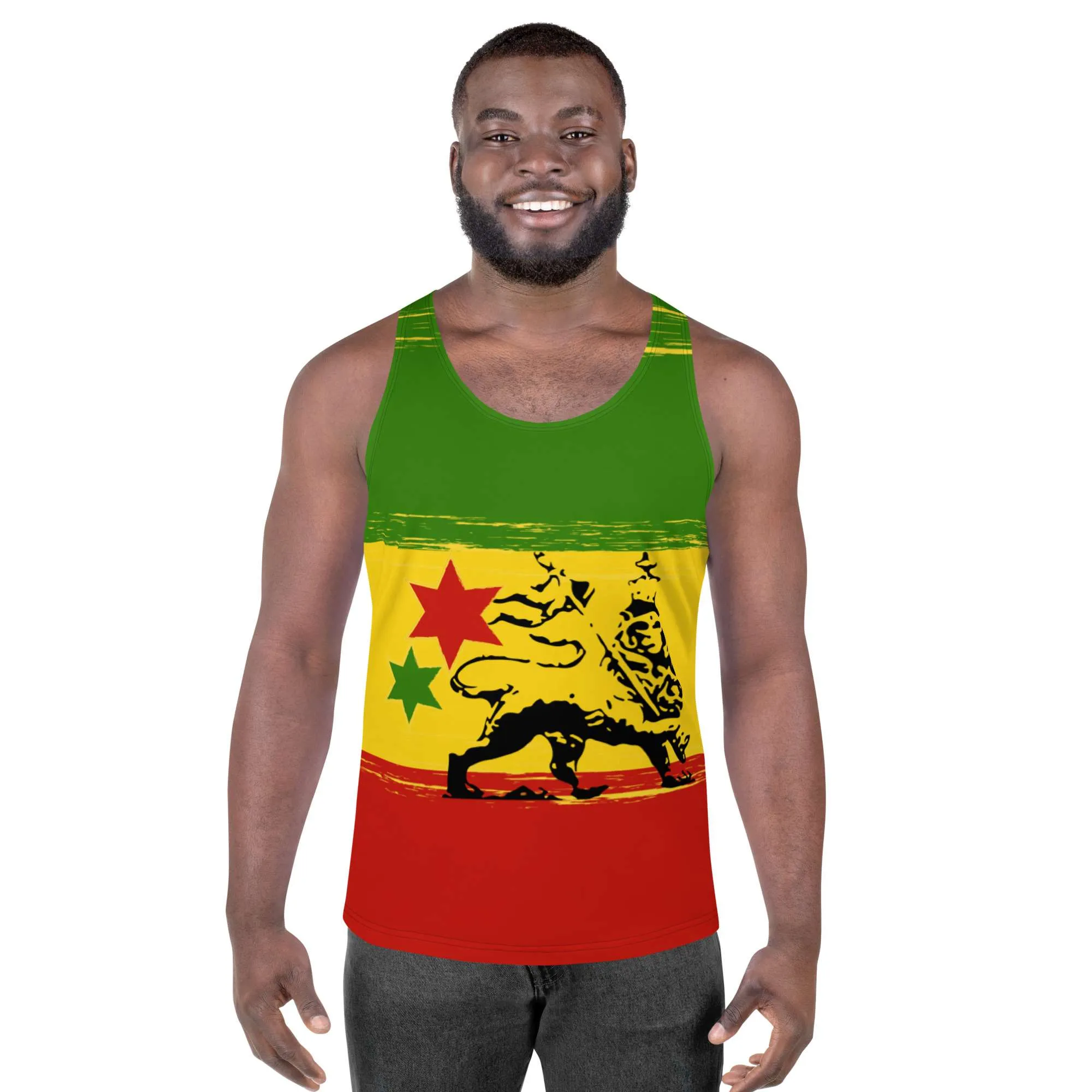 Rasta Tank Top male model front view in Rastafarian colors with Lion of Judah design. Soft fabric and relaxed fit will make you cool and comfortable in hot weather.