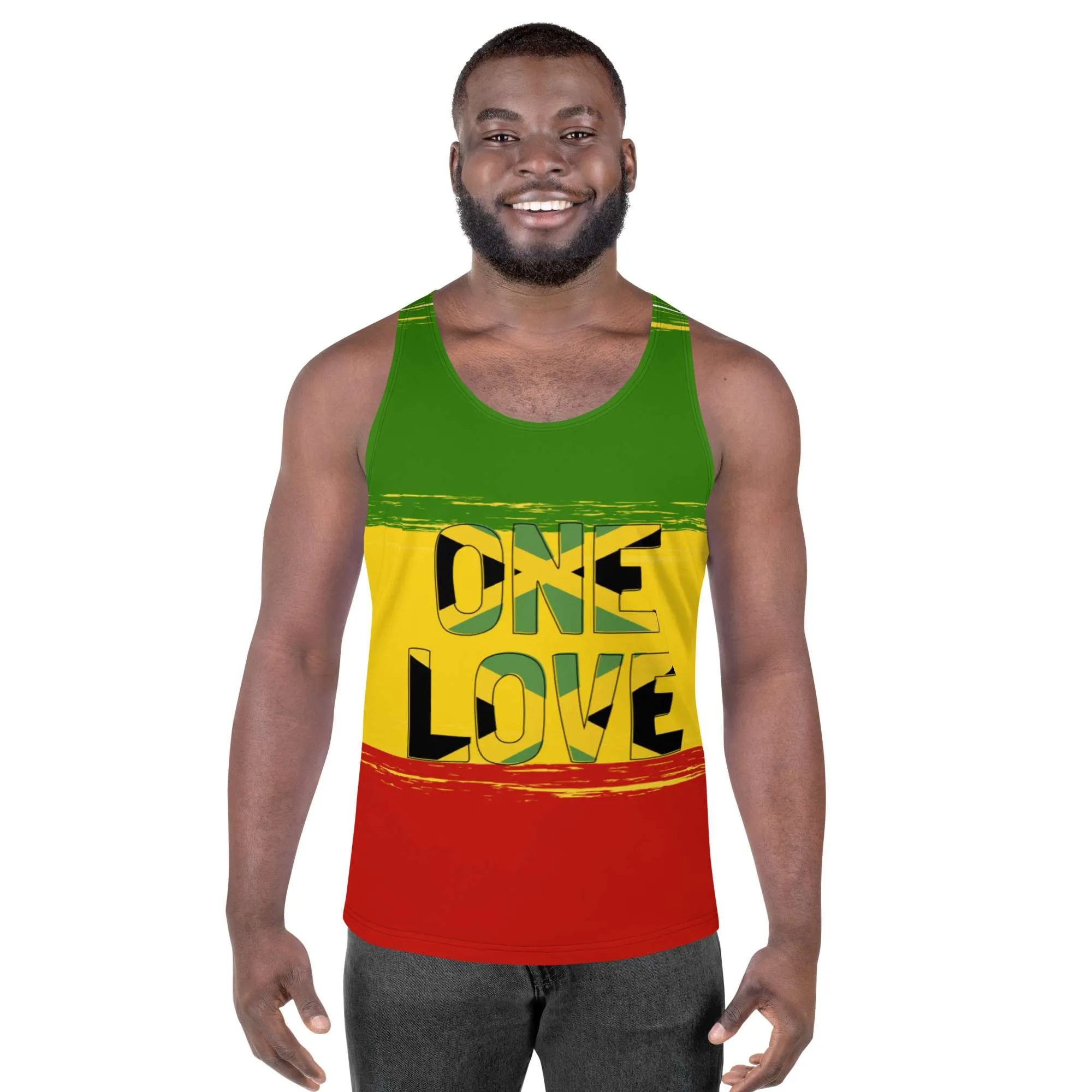 One Love Tank Top male model front view in Rasta colors. Soft fabric and relaxed fit will feel cool and comfortable in Summer weather. Rastaseed merchandise and clothing.