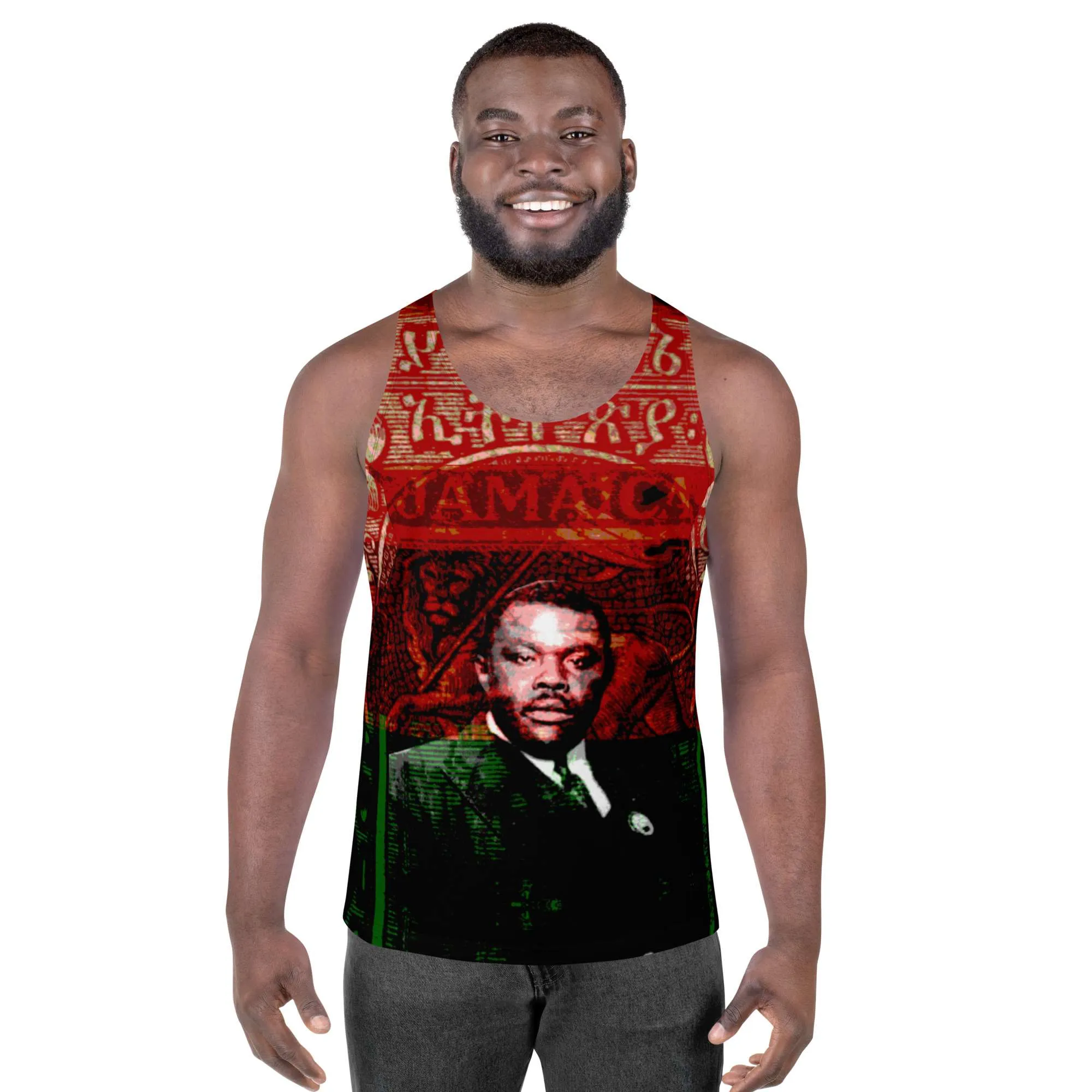 Garvey Revolutionary Tank Top male model front view in Afro American colors with Marcus Garvey graphics. Rastaseeds Jamaican and Rastafarian merchandise.