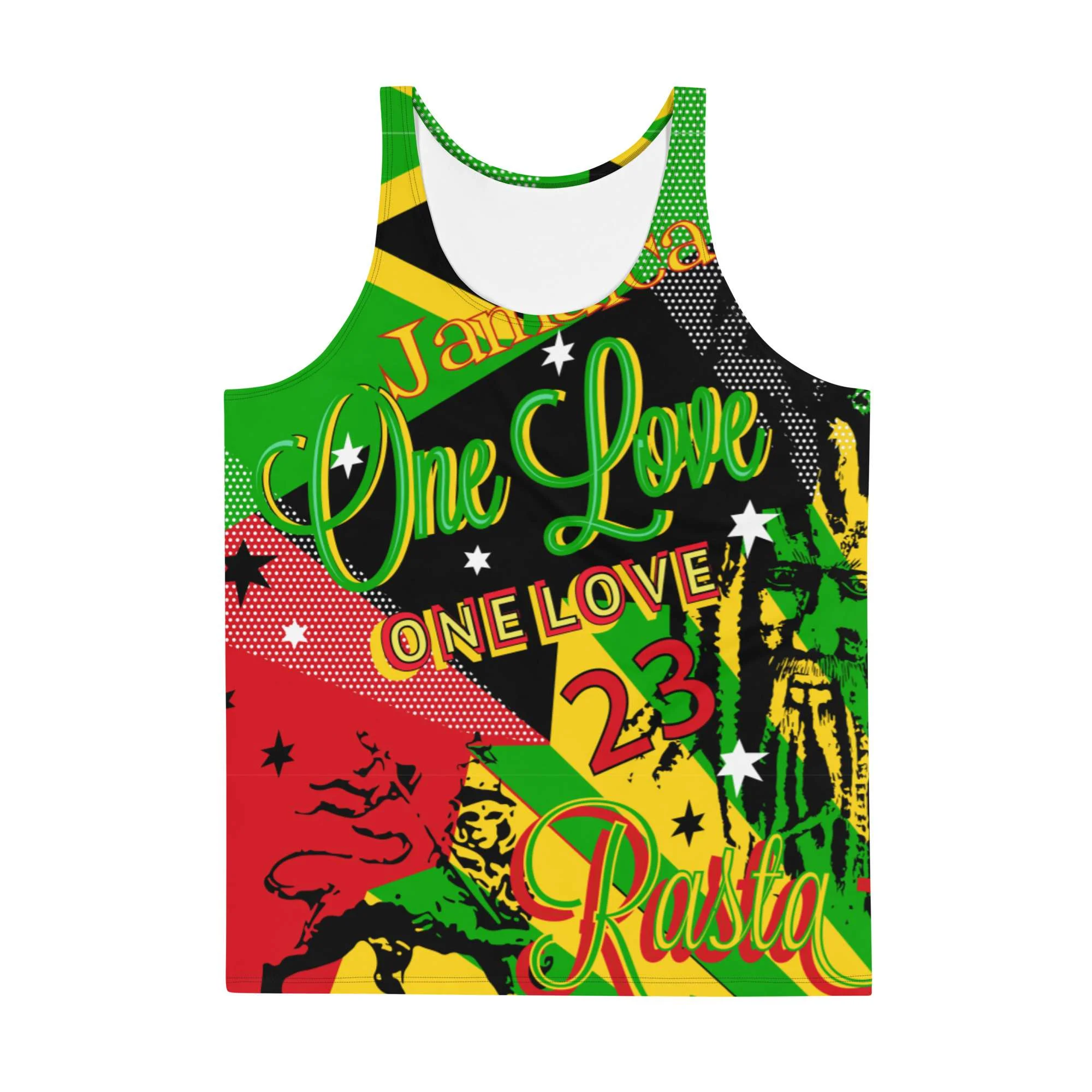 Jamaican Reggae Rasta Tank Top front view in vivid colors and cool graphic design. Soft fabric and relaxed fit at Rastaseed merchandise and clothing.