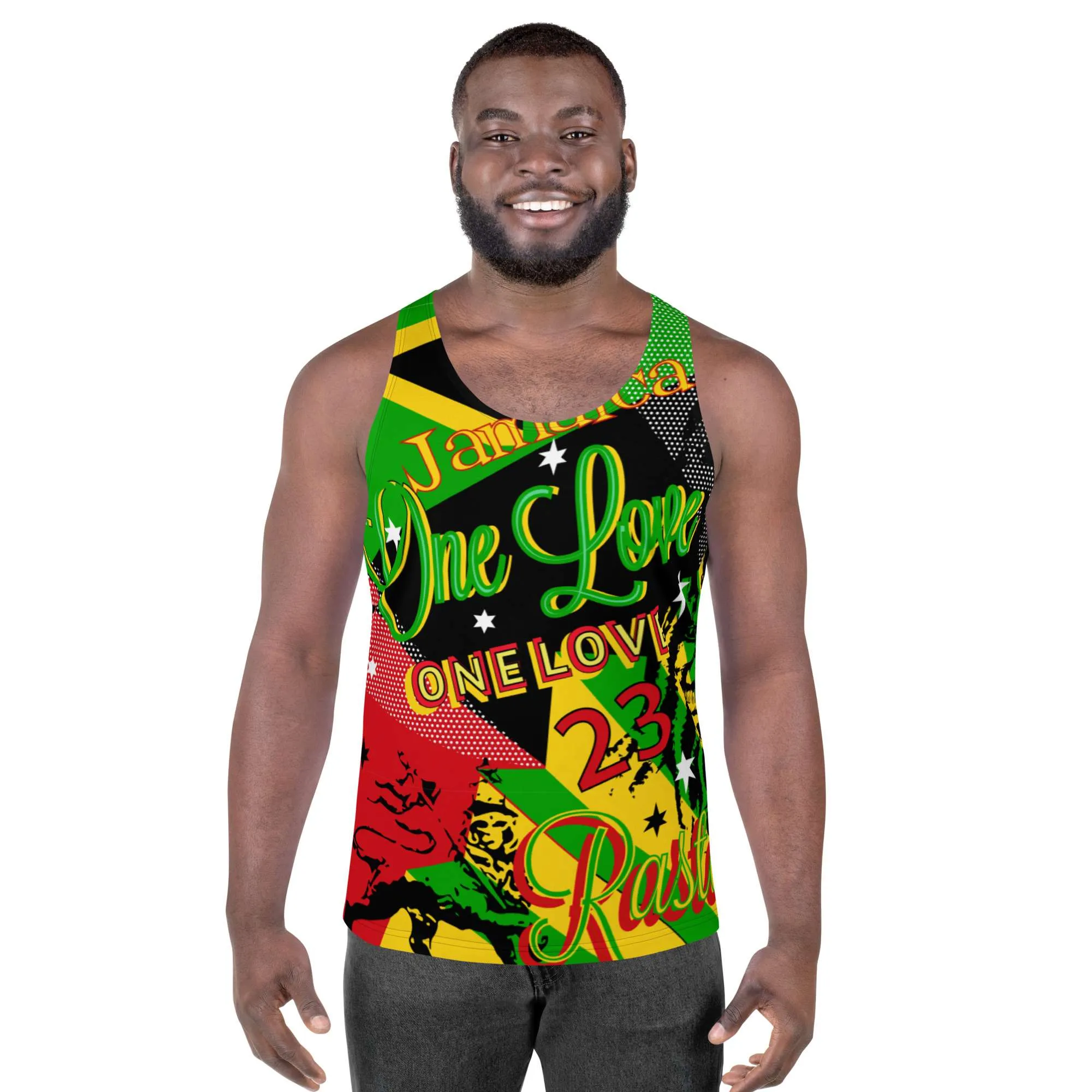 Jamaican Reggae Rasta Tank Top male model front view in vivid colors and cool graphic design. Soft fabric and relaxed fit at Rastaseed merchandise and clothing.Jamaican Reggae Rasta Tank Top in vivid colors and cool graphic design. Soft fabric and relaxed fit at Rastaseed merchandise and clothing.