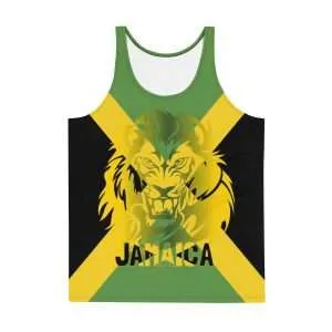 Jamaican Lion Tank Top in the Jamaica colors with fierce lion on the front. Rastaseed original merchandise and designs on clothing and accessories.