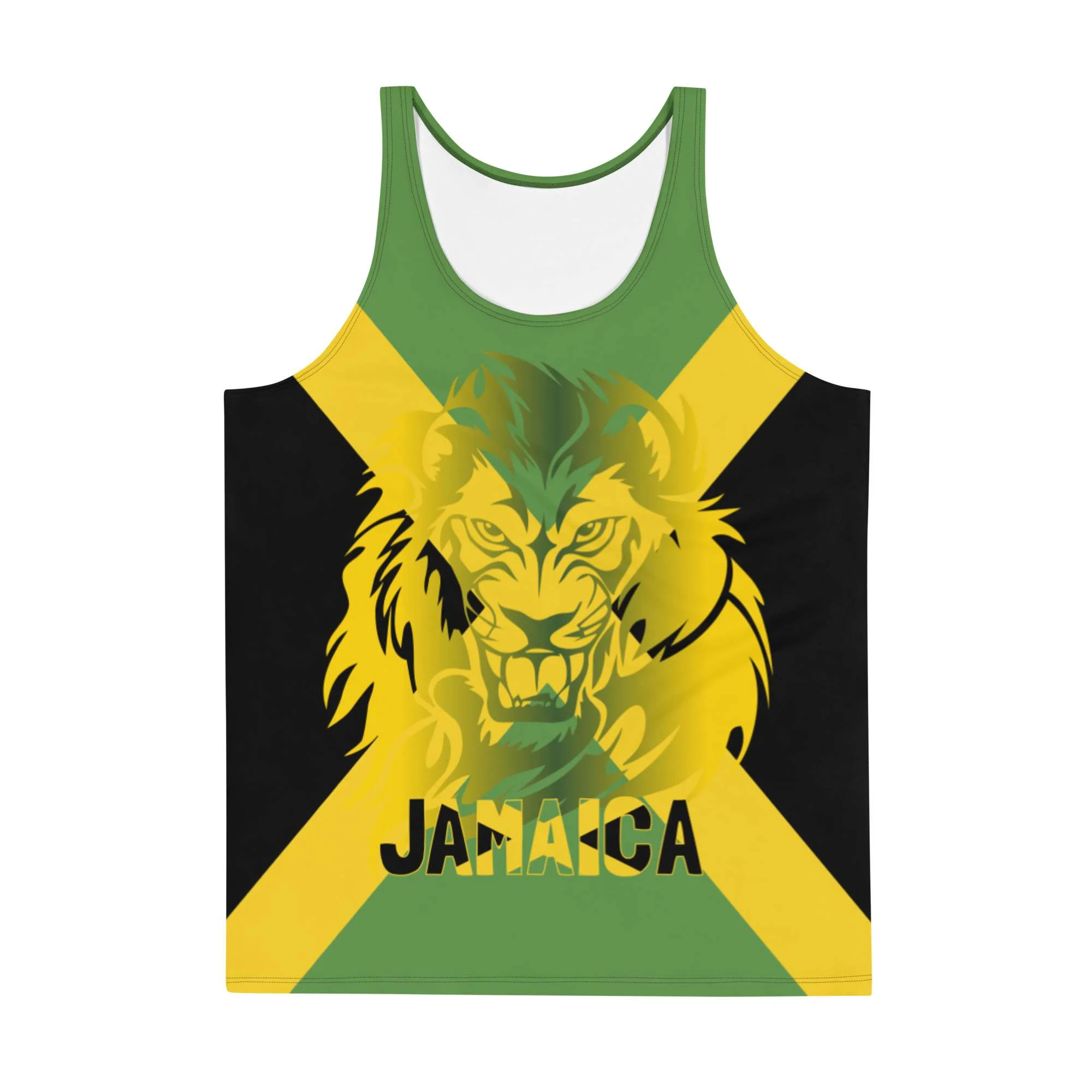 Jamaican Lion Tank Top in the Jamaica colors with fierce lion on the front. Rastaseed original merchandise and designs on clothing and accessories.