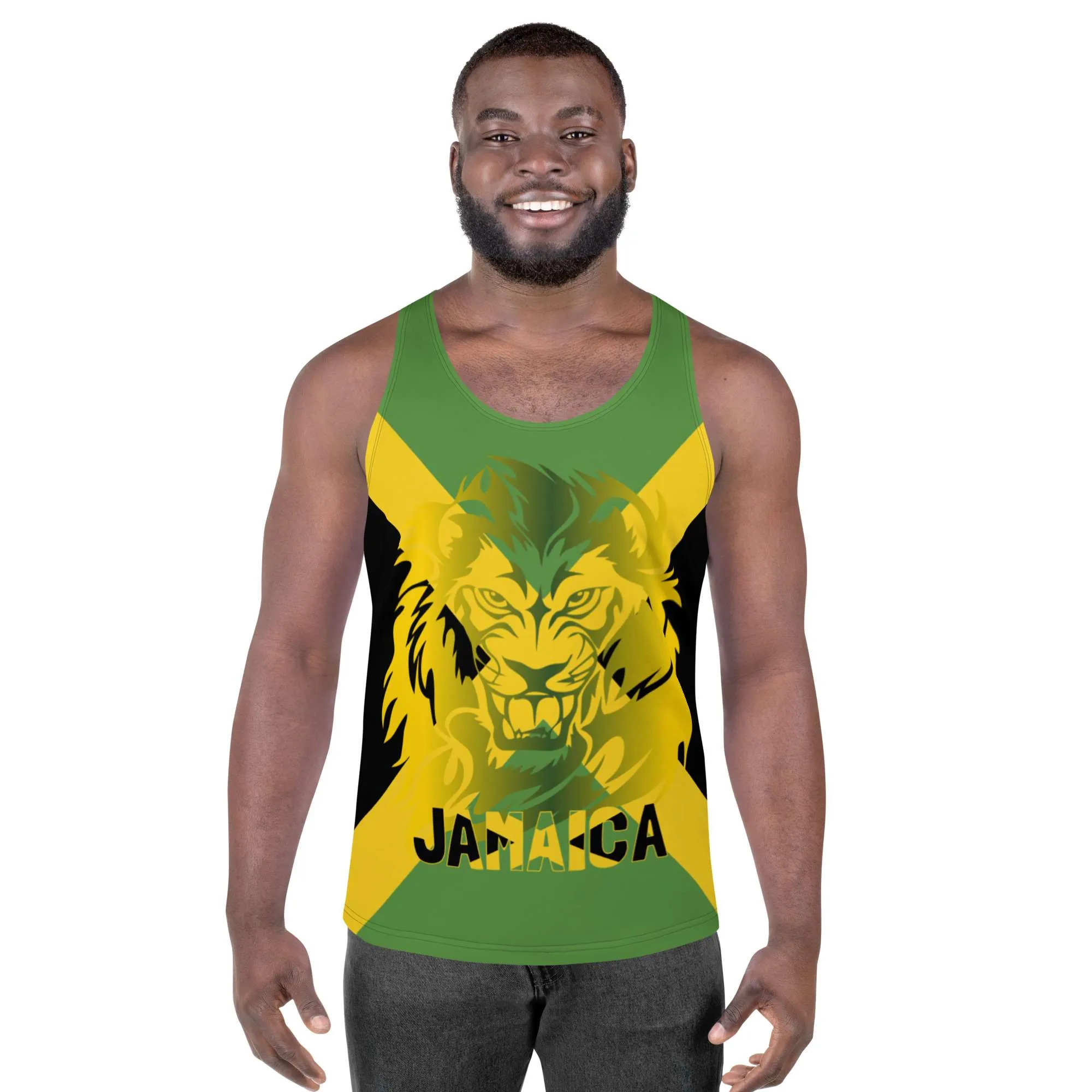 Jamaican Lion Tank Top male model front view in the Jamaica colors with fierce lion on the front. Rastaseed original merchandise and designs on clothing and accessories.