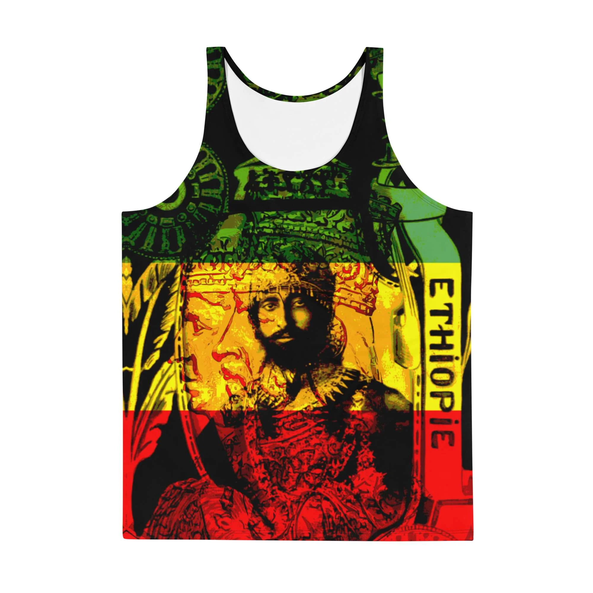 Natural Mystic Haile Selassie Tank Top front view in soft fabric with relaxed fit. Feel cool and comfortable in Summer. Rastaseed Jamaican Rasta merchandise.