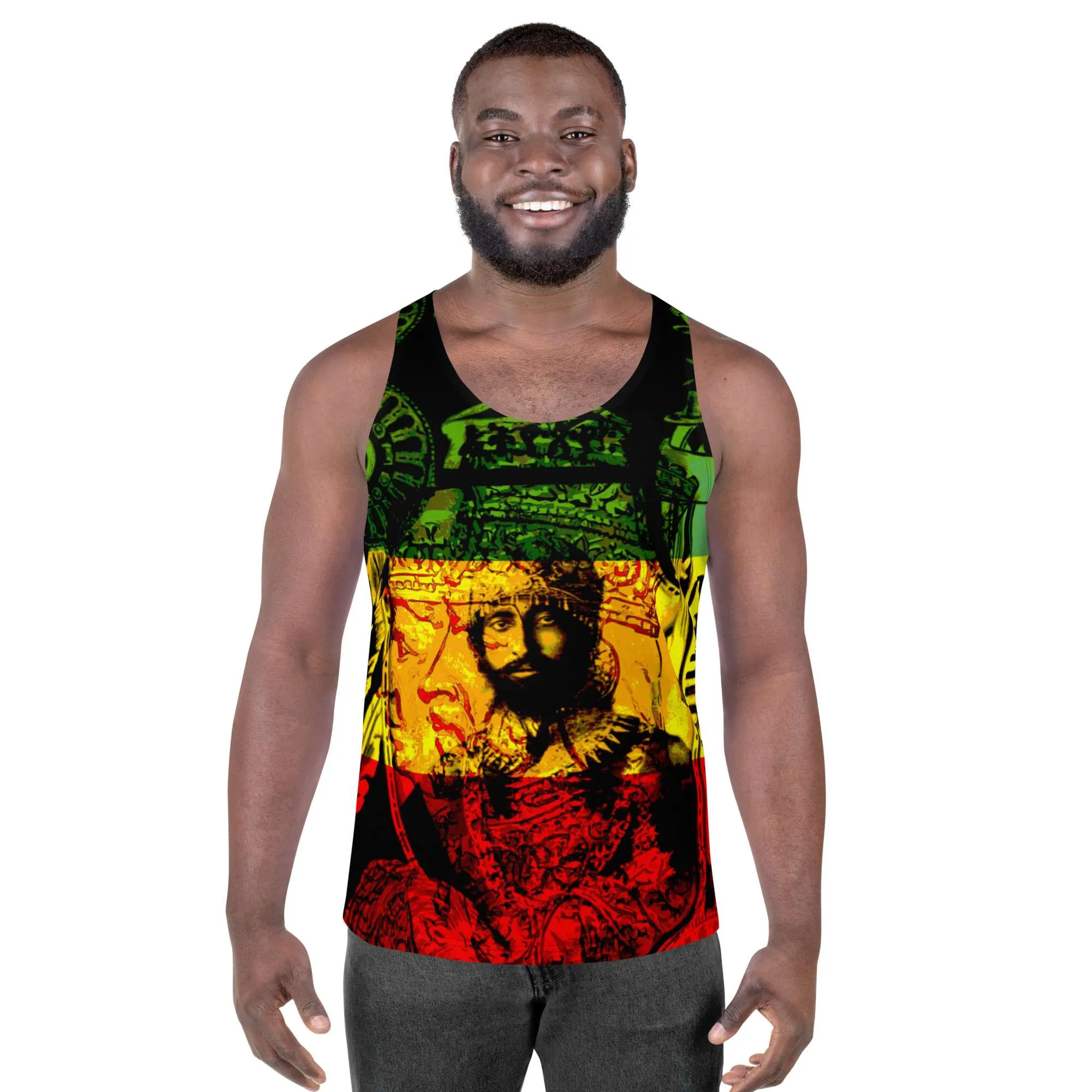 Natural Mystic Haile Selassie Tank Top male model front view in soft fabric with relaxed fit. Feel cool and comfortable in Summer. Rastaseed Jamaican Rasta merchandise.