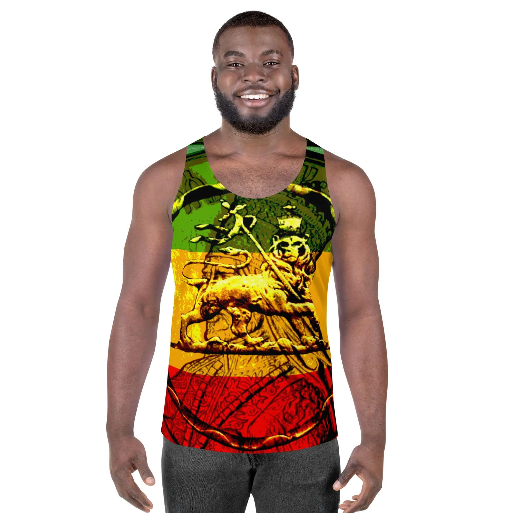 Lion of Judah Tank Top male model front view in Rasta colors and vibrant design. Rastaseed original merchandise clothing accessories shoes and gear.