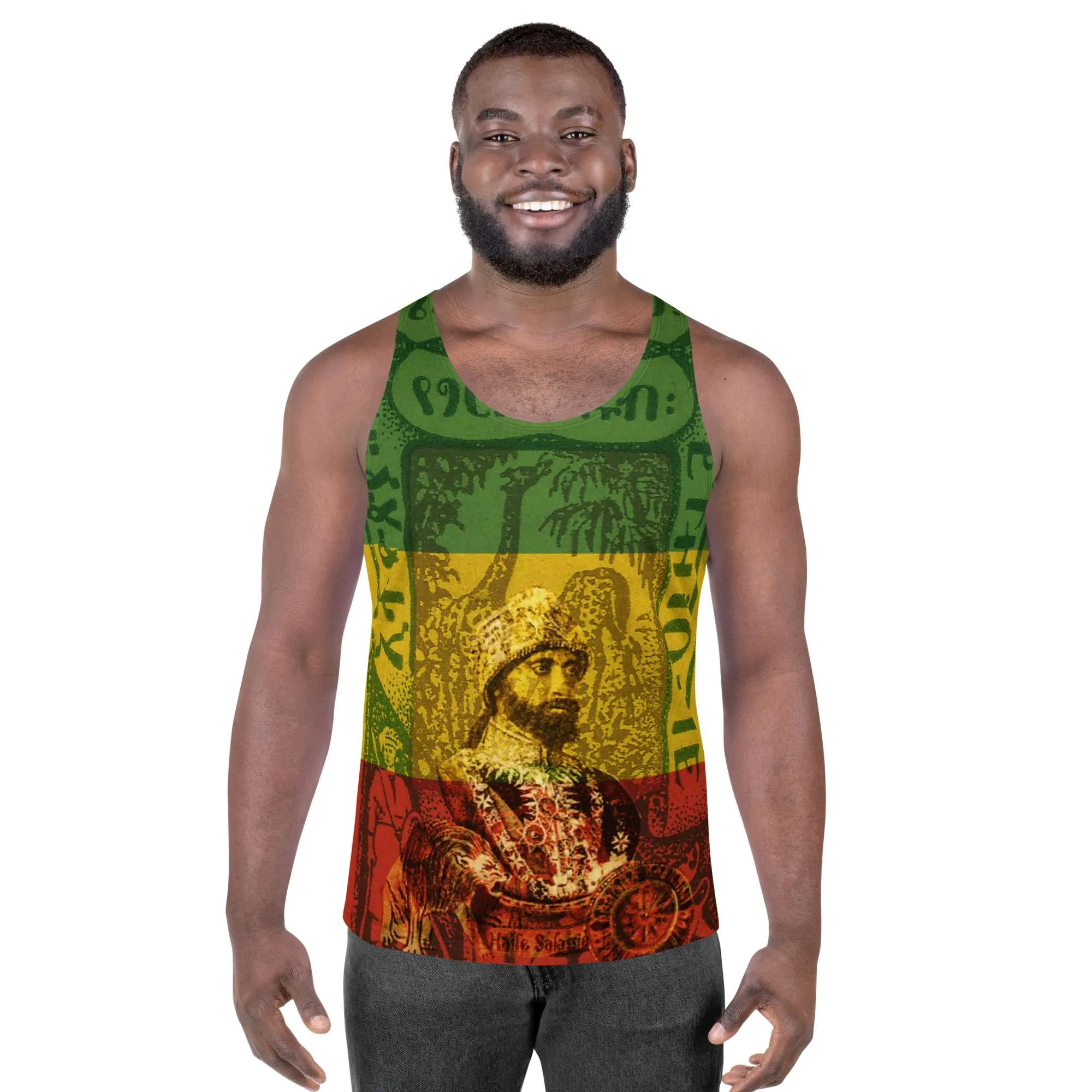Haile Selassie Tank Top male model front view in soft fabric and relaxed fit. Rastaseed Jamaican, Rastafarian, Reggae and Haile Selassie merchandise.