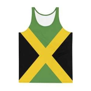 Jamaican Flag Tank Top front view soft fabric and relaxed fit. Rastaseed Jamaican, Rastafarian, and Reggae merchandise, clothing, accessories and shoes.