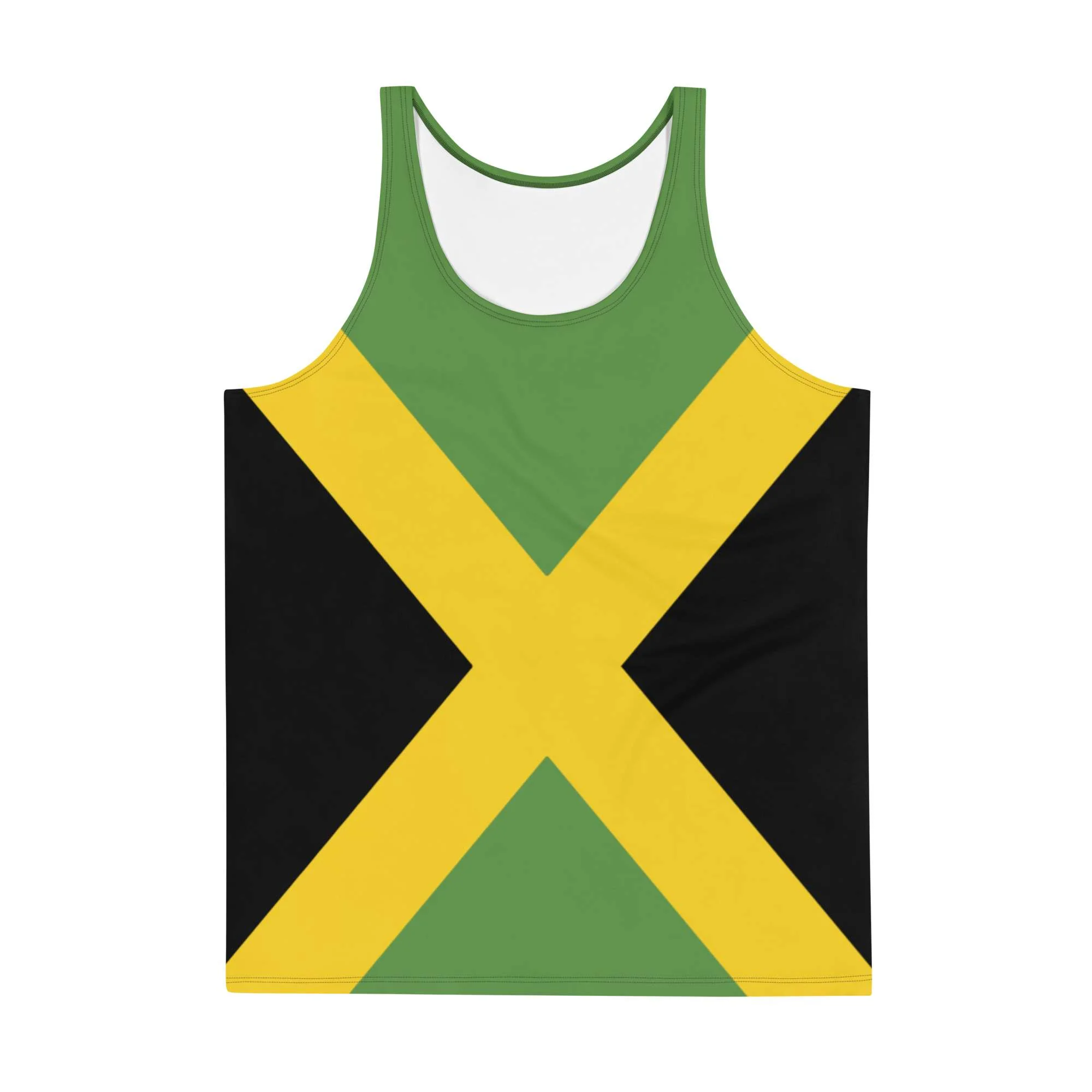 Jamaican Flag Tank Top front view soft fabric and relaxed fit. Rastaseed Jamaican, Rastafarian, and Reggae merchandise, clothing, accessories and shoes.