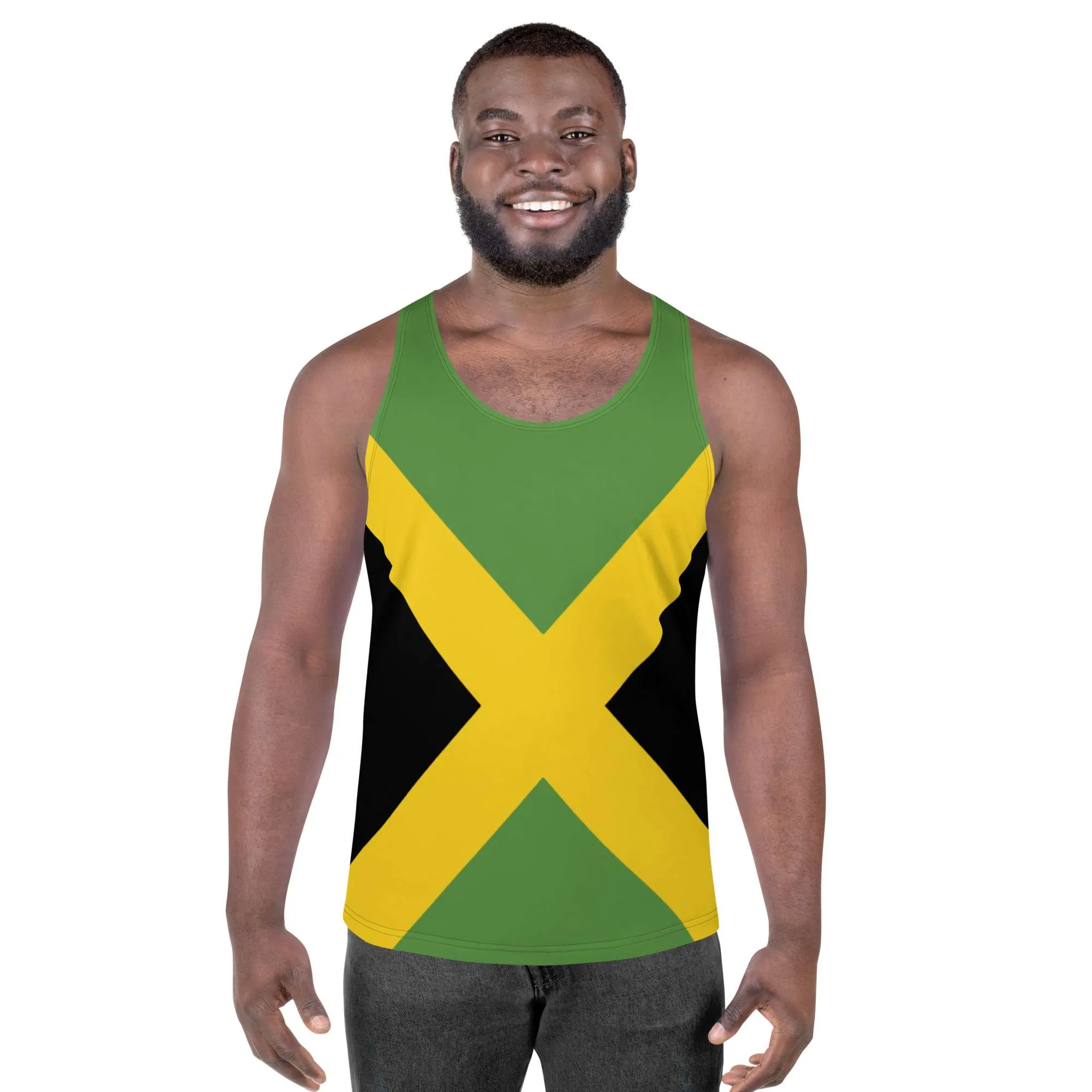 Jamaican Flag Tank Top male model front view soft fabric and relaxed fit. Rastaseed Jamaican, Rastafarian, and Reggae merchandise, clothing, accessories and shoes.