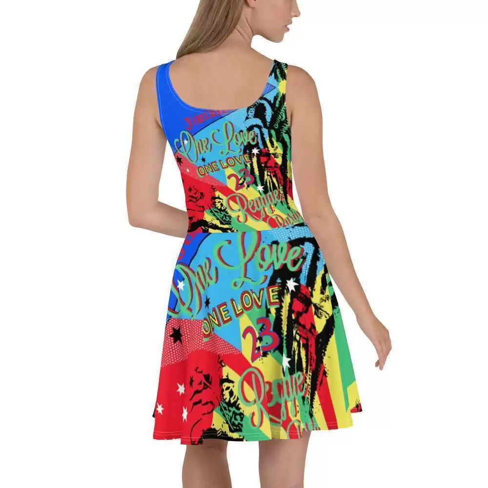 Reggae Party Skater Dress back view in original vivid color print. Original Rastafarian clothing, tops, dresses, skirts, shoes and merchandise.