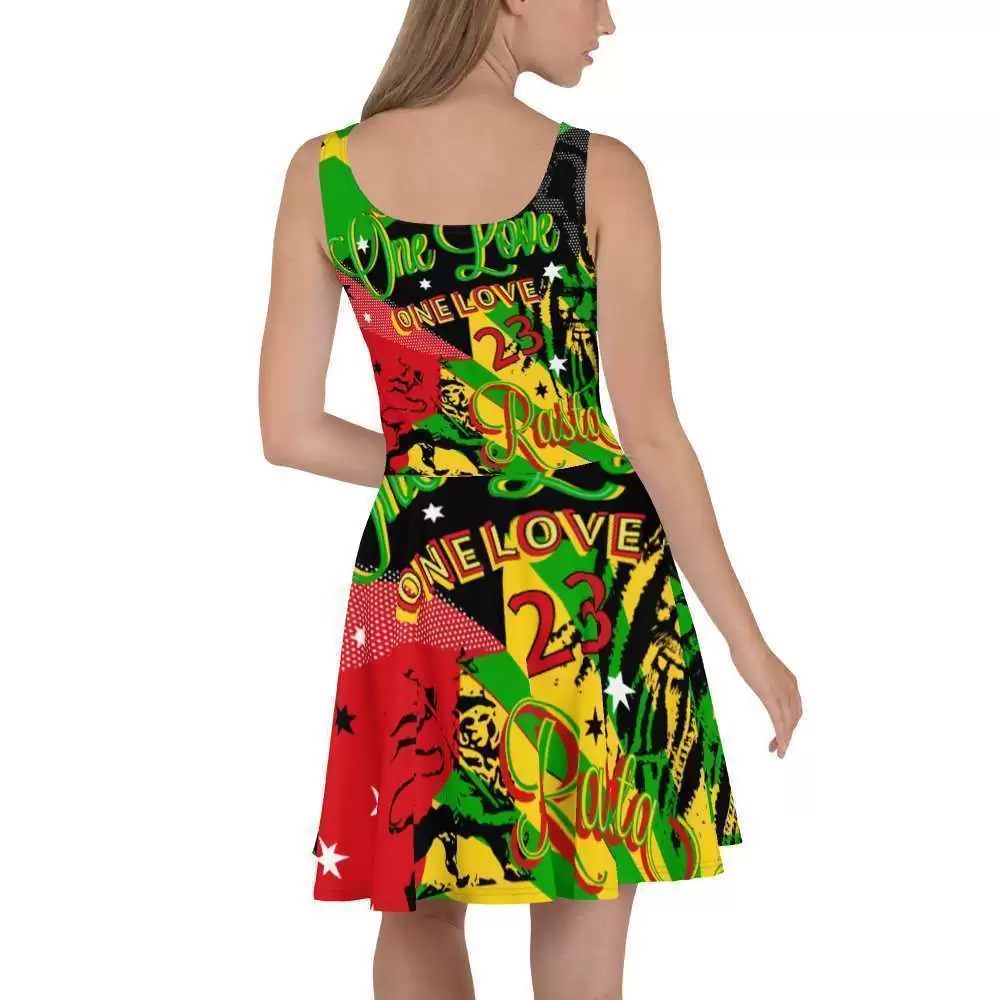 Jamaican Reggae Festival Skater Dress back view in red gold green and black print. Vivid colors and fun design at Rastaseed online clothing store.