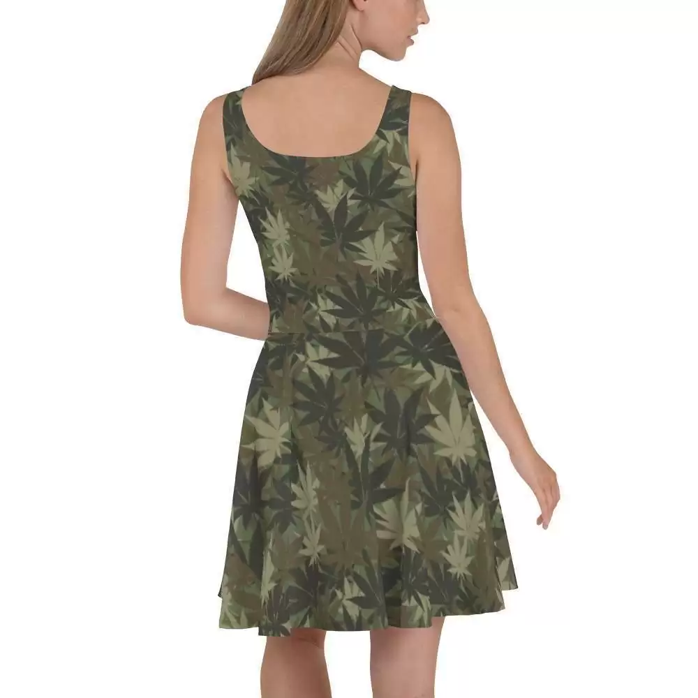 Hemp Print Khaki Skater Dress back view in Camouflage design. Rastafarian Jamaican and reggae gear in the original colors and designs.