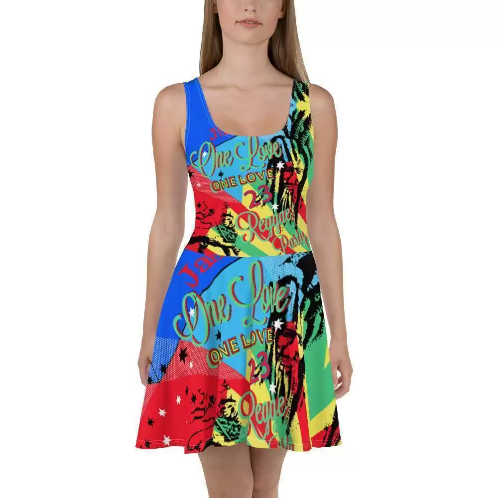 Reggae Party Skater Dress in original vivid color print. Original Rastafarian clothing, tops, dresses, skirts, shoes and merchandise.