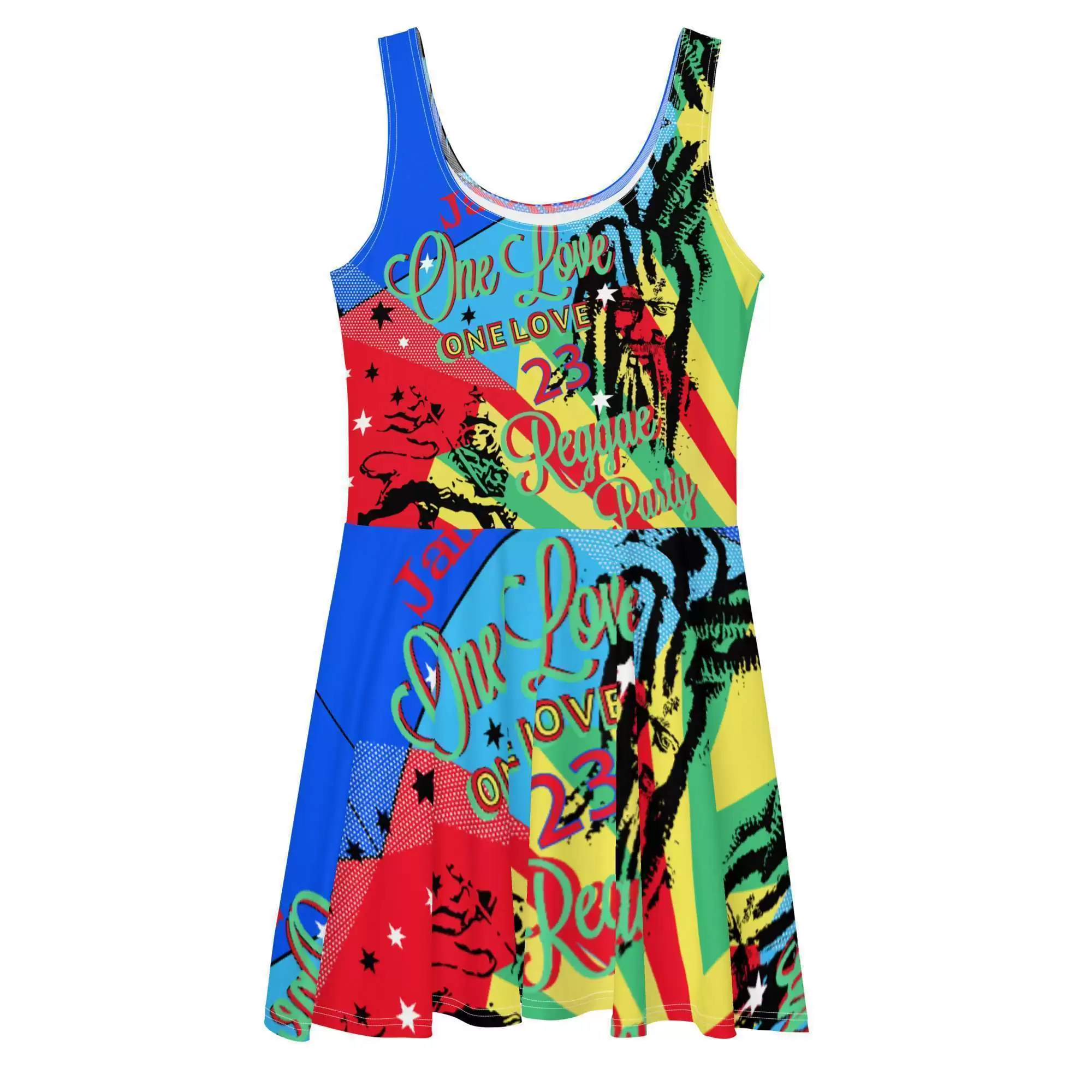 Reggae Party Skater Dress front view in original vivid color print. Original Rastafarian clothing, tops, dresses, skirts, shoes and merchandise.