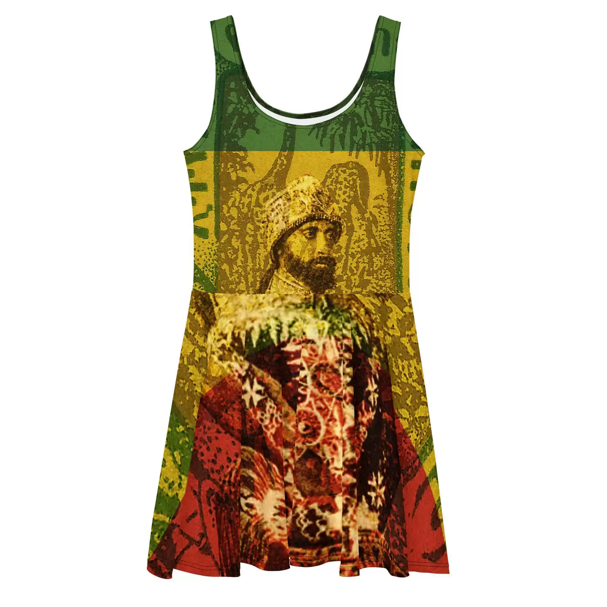 Haile Selassie Skater Dress front view. Original Rastafarian Reggae and Jamaican clothing, shoes, accessories and merchandise online.