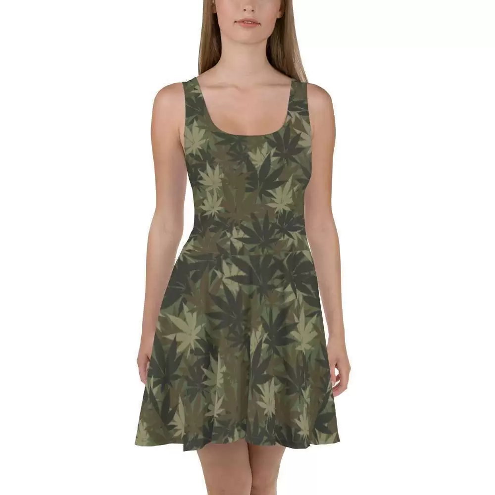 Hemp Print Khaki Skater Dress in Camouflage design. Rastafarian Jamaican and reggae gear in the original colors and designs.