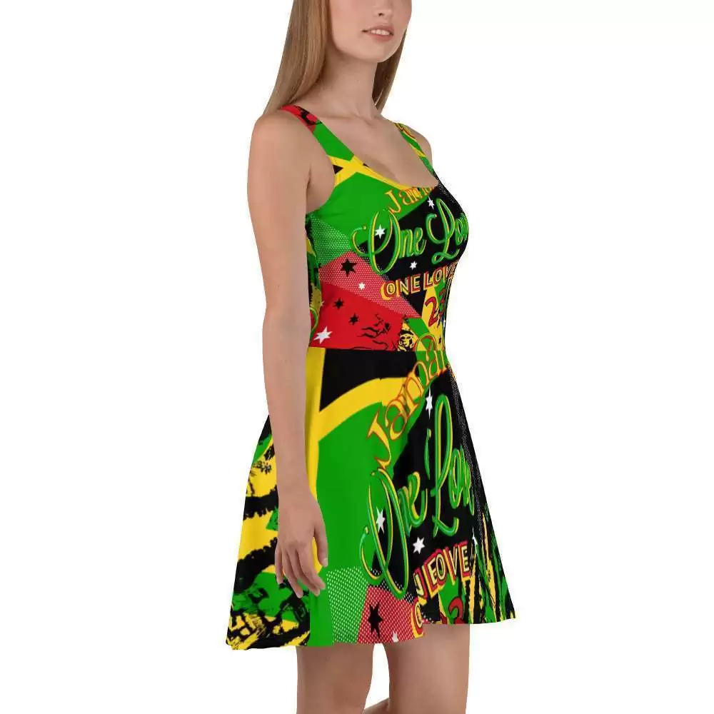 Jamaican Reggae Festival Skater Dress right side view in red gold green and black print. Vivid colors and fun design at Rastaseed online clothing store.