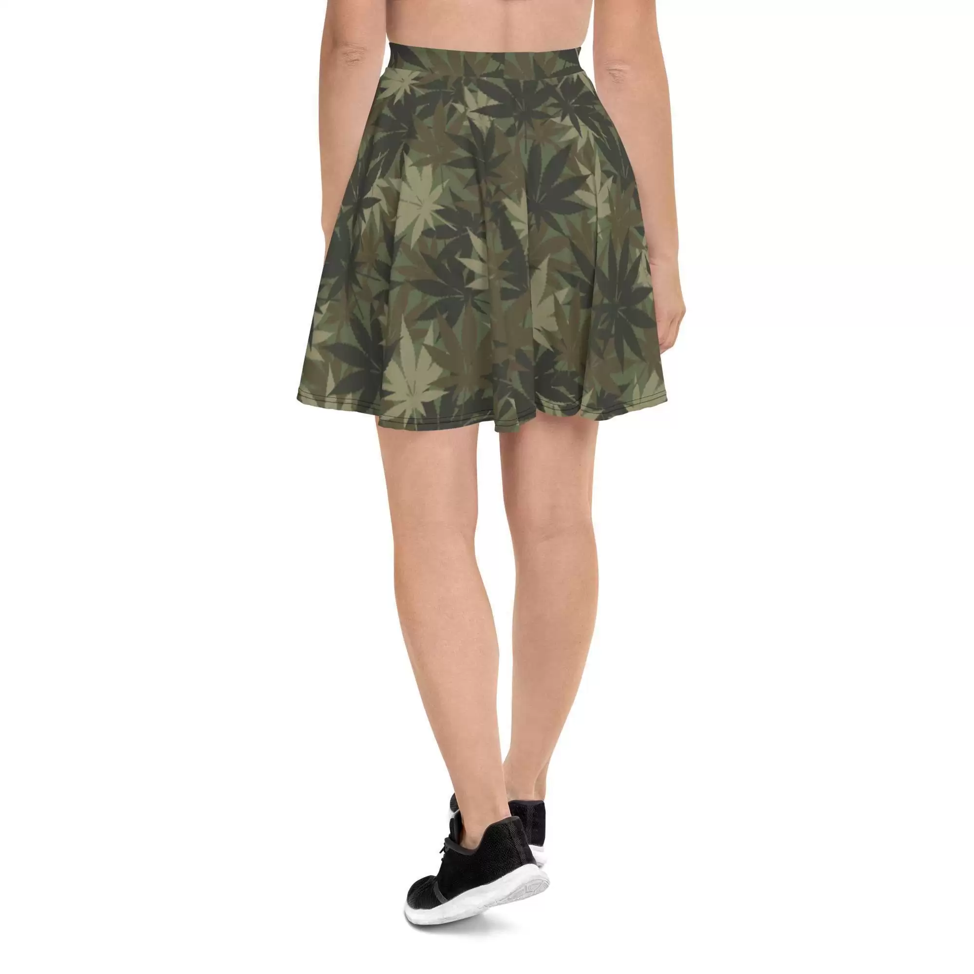 Hemp Print Khaki Skater Skirt back view camouflage design. Rastaseed online Rastafarian Reggae and Jamaican Gear and Accessories.