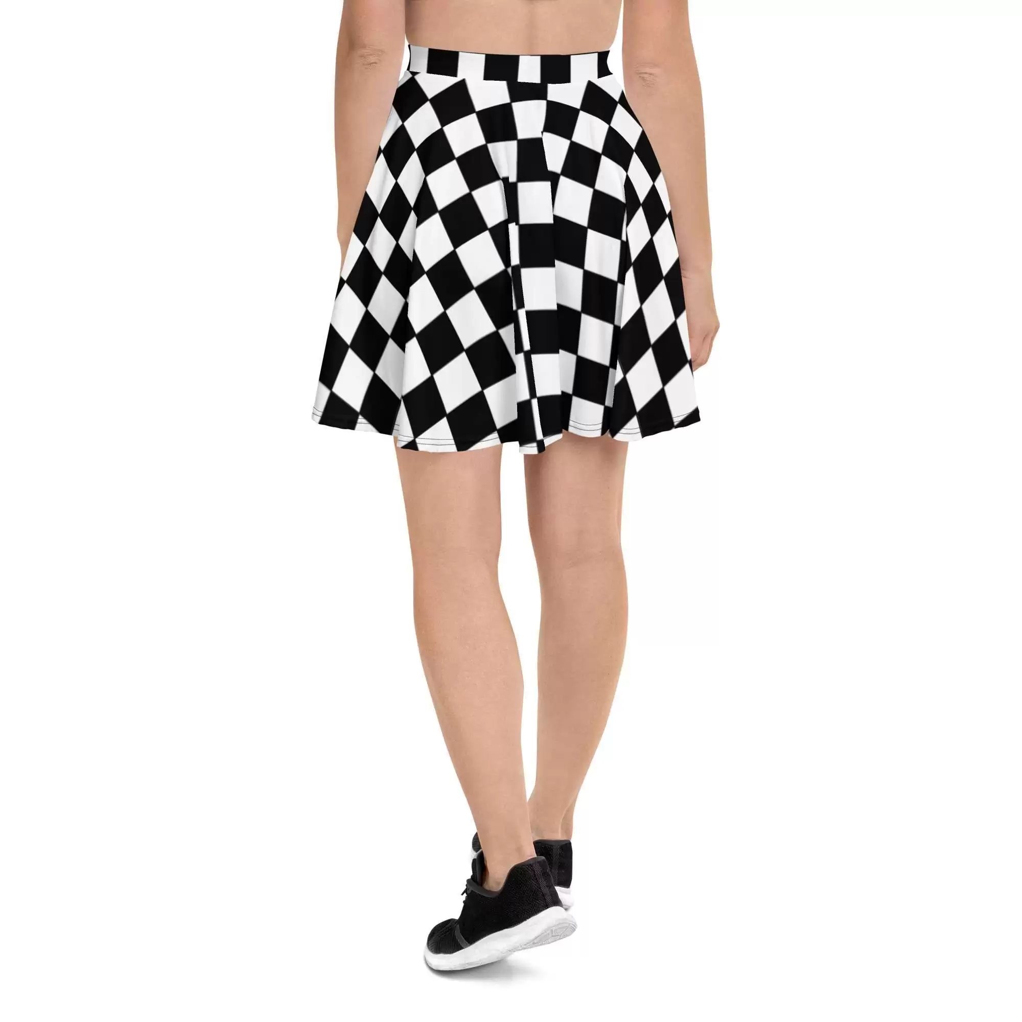 Reggae Ska Skater Skirt back view in black and white chequerboard pattern. Make a statement with clothing from Rastaseed.com online Reggae gear.