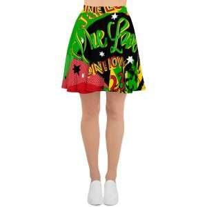 Jamaican Reggae Party Skater Skirt in vivid fun print. Full circle skirt in Rasta colors. Rastafarian online clothing and accessories.