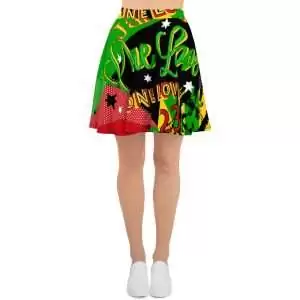Jamaican Reggae Party Skater Skirt in vivid fun print. Full circle skirt in Rasta colors. Rastafarian online clothing and accessories.