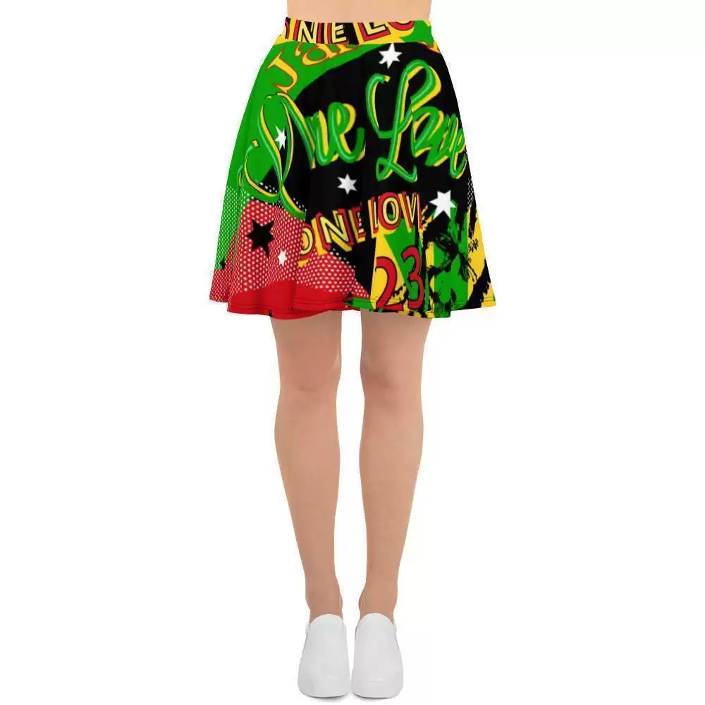 Jamaican Reggae Party Skater Skirt in vivid fun print. Full circle skirt in Rasta colors. Rastafarian online clothing and accessories.