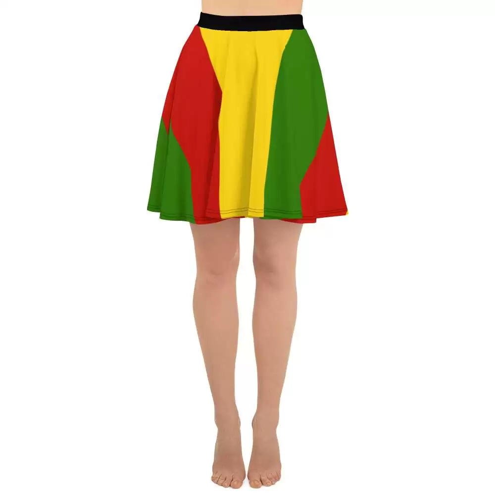 Rasta Skater Skirt in red gold and green with black waistband. Rastafarian, reggae and Jamaican clothing and accessories.