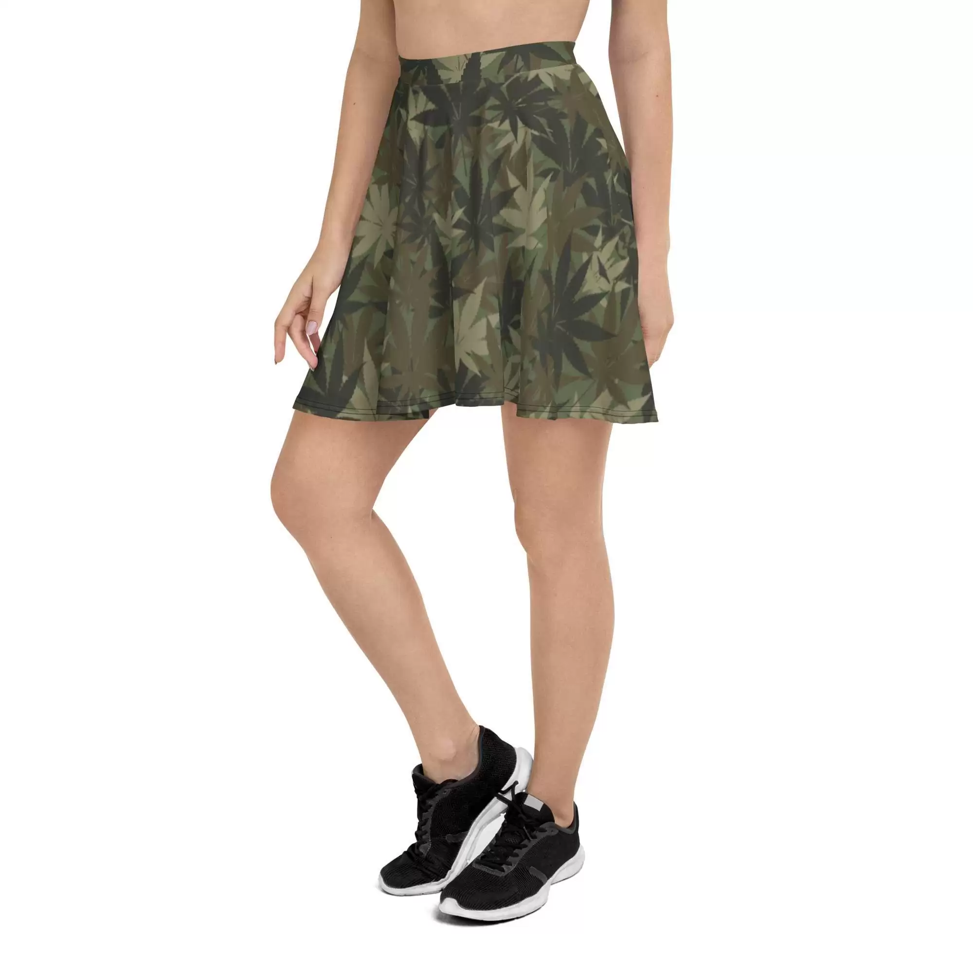 Hemp Print Khaki Skater Skirt iside view right camouflage design. Rastaseed online Rastafarian Reggae and Jamaican Gear and Accessories.