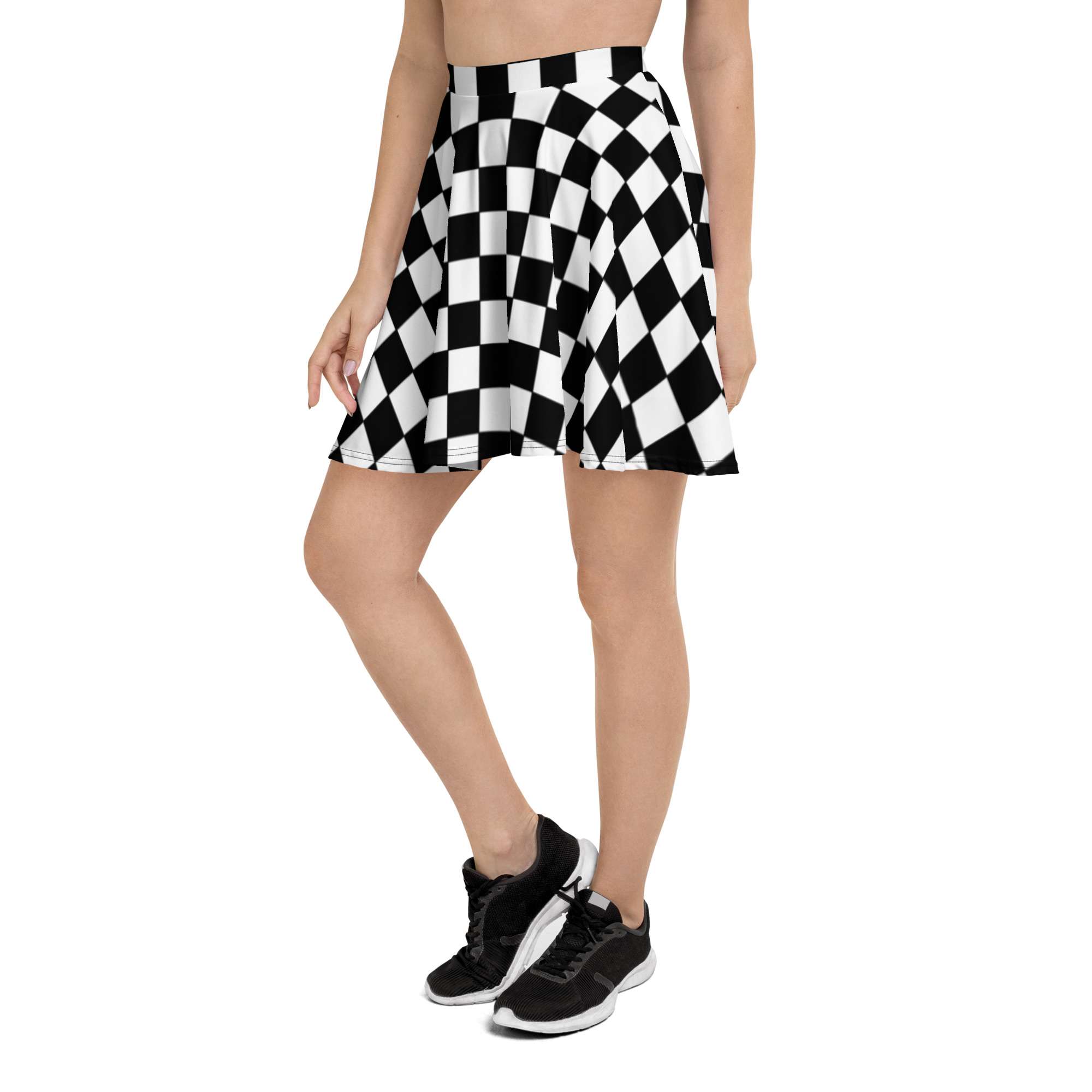 Reggae Ska Skater Skirt side left view in black and white chequerboard pattern. Make a statement with clothing from Rastaseed.com online Reggae gear.