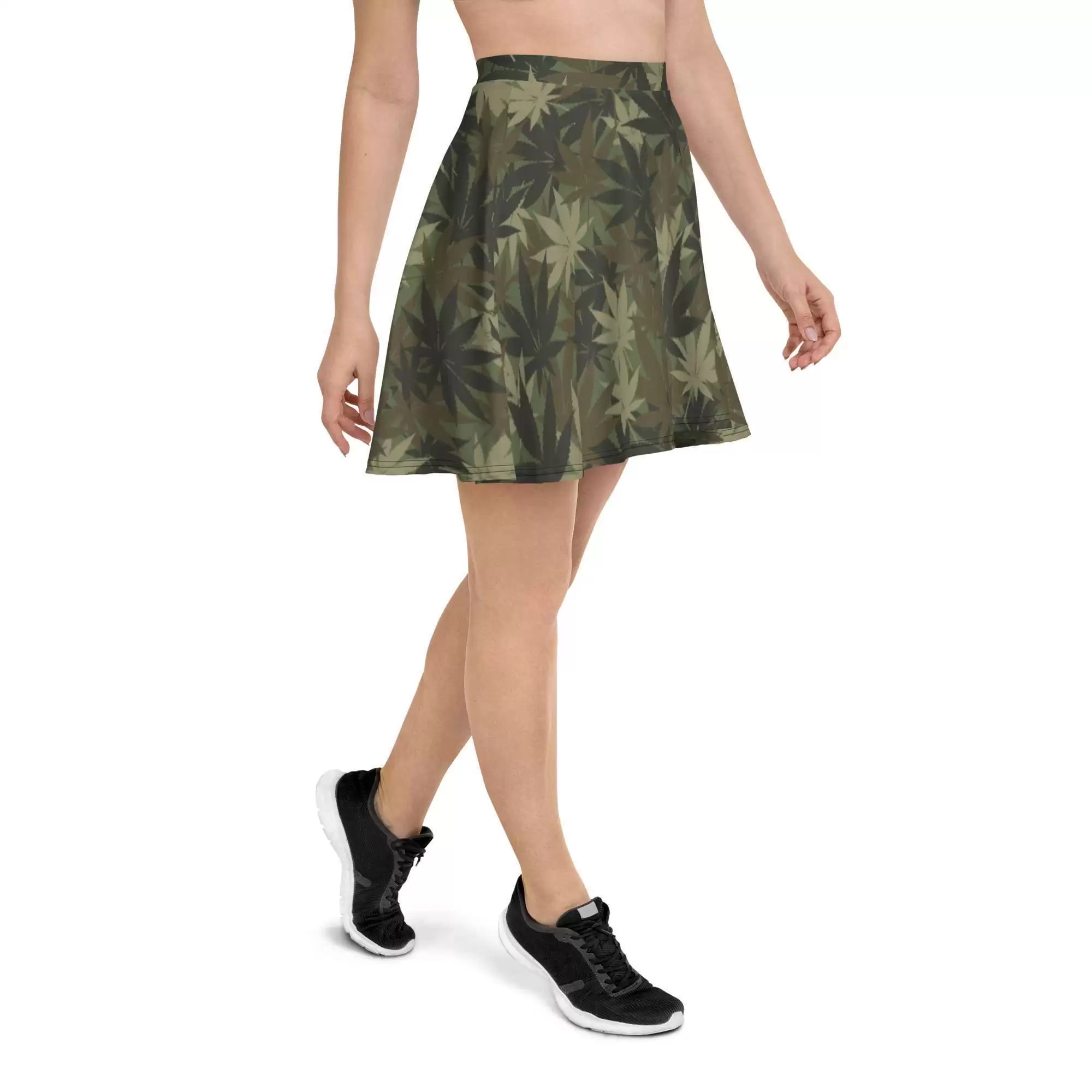 Hemp Print Khaki Skater Skirt iside view left camouflage design. Rastaseed online Rastafarian Reggae and Jamaican Gear and Accessories.