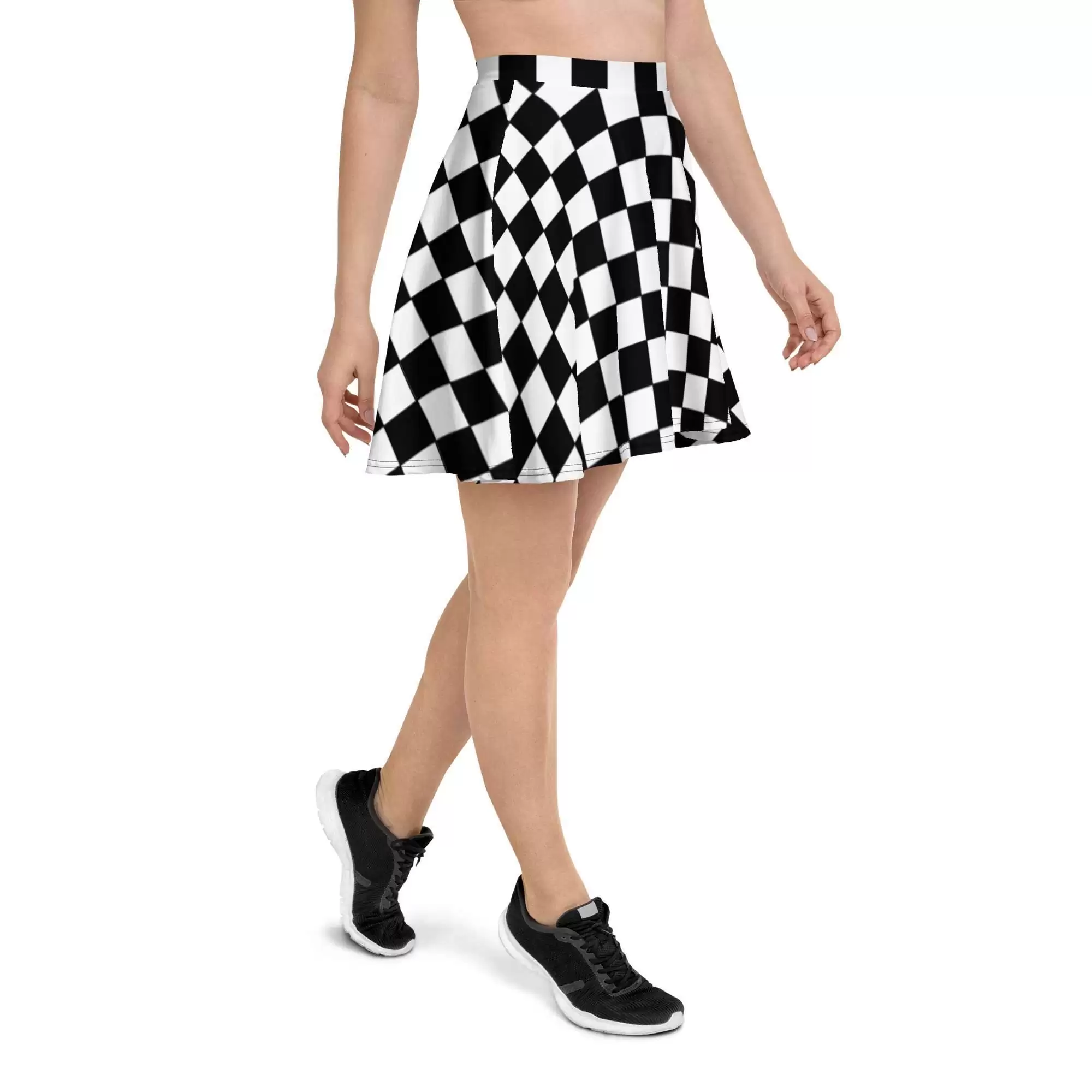 Reggae Ska Skater Skirt side right view in black and white chequerboard pattern. Make a statement with clothing from Rastaseed.com online Reggae gear.