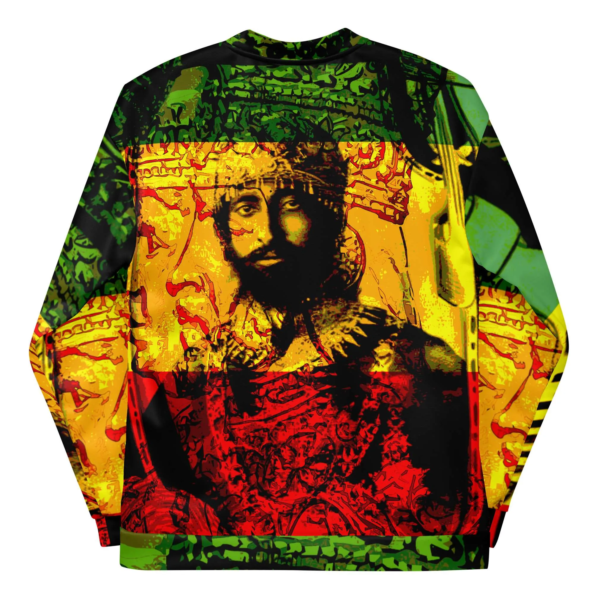 Natural Mystic Rasta Bomber Jacket back view in vivd Rasta colors and original print. Polyester with metal zip and two front pockets.