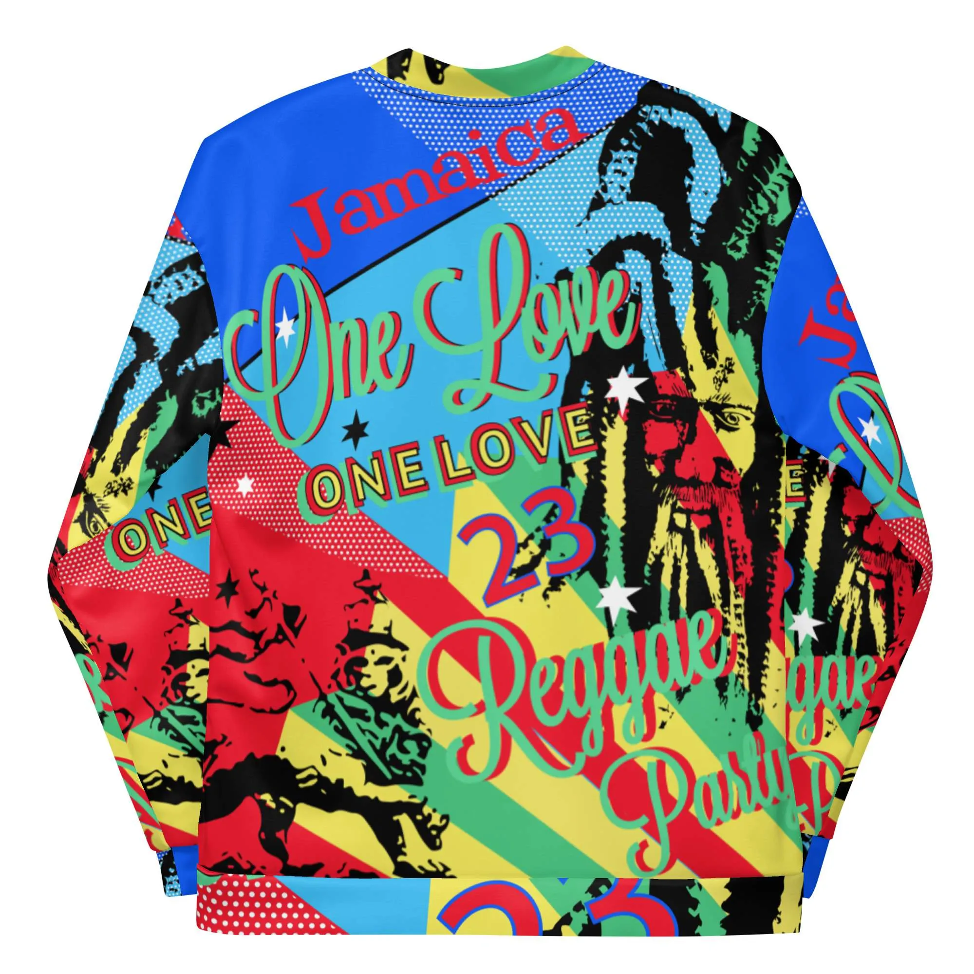 One Love Jamaican Reggae Party Bomber Jacket back view in vivid coloured design. Polyester with fleece inside, metal zip and two pockets.
