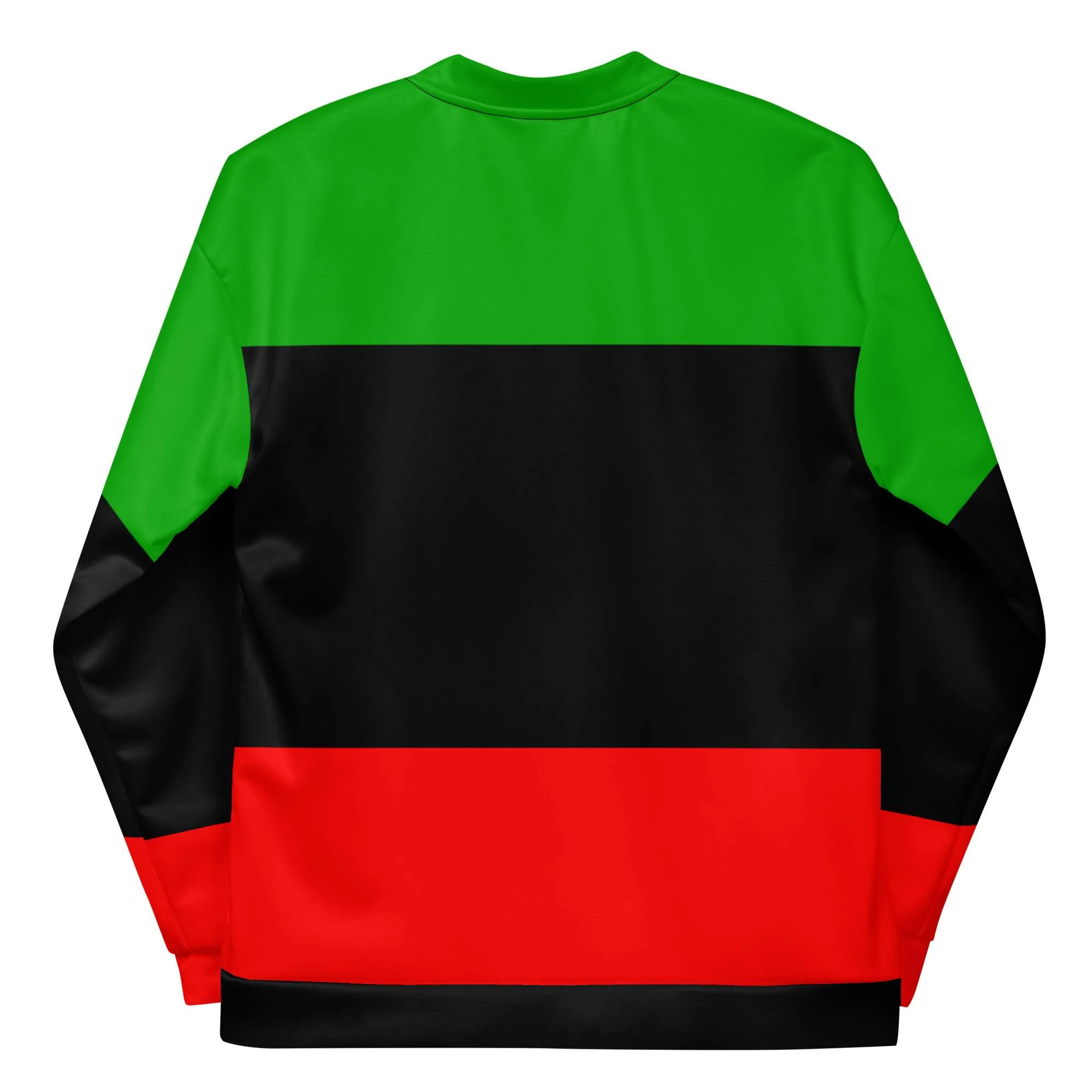 Marcus Garvey Bomber Jacket back view in vivid colors. Polyester with fleece inside metal zip and two front pockets. Original Jamaican Rasta merchandise and clothing.