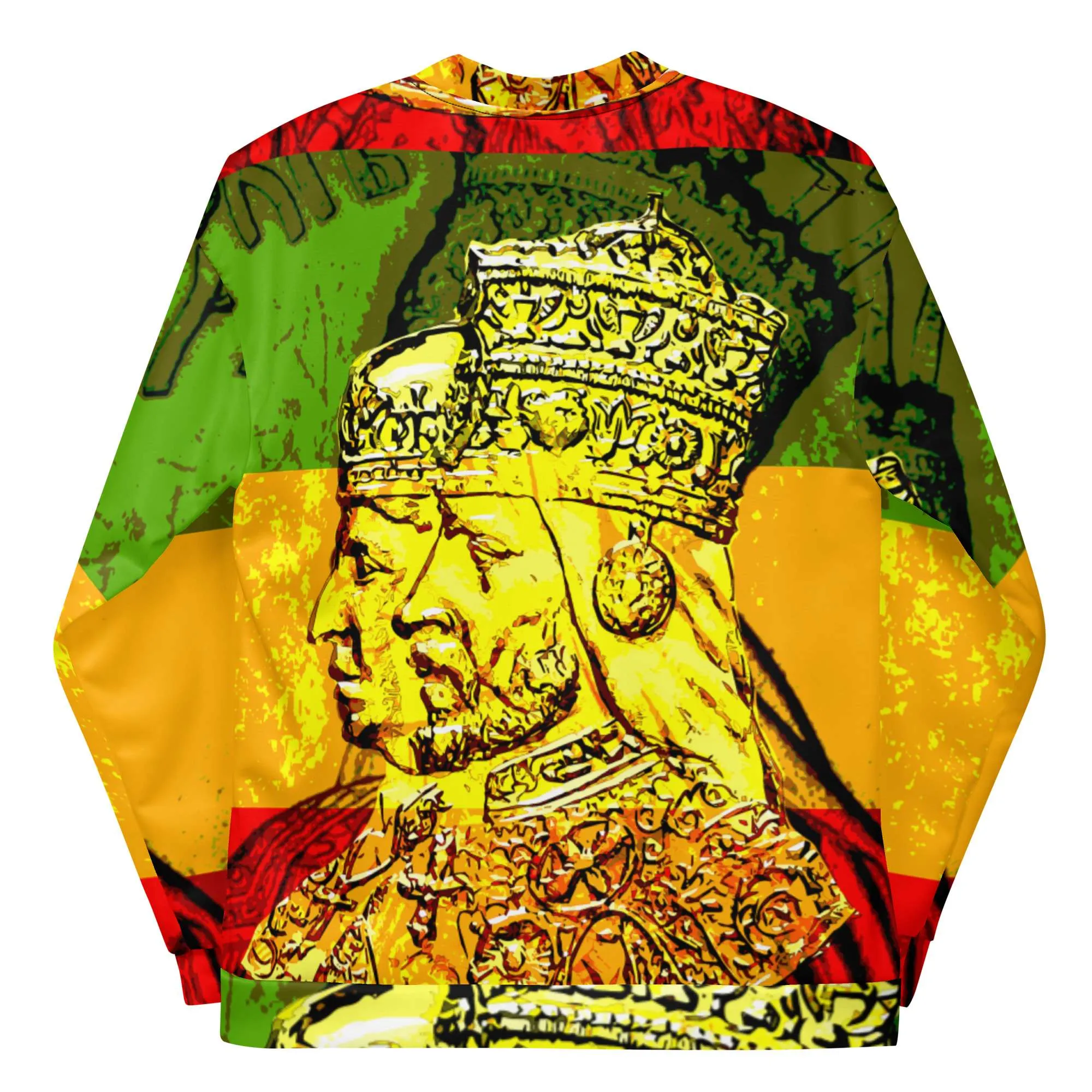 Haile Selassie Empress Menen Bomber Jacket in red gold and green back view. Fyah Jacket in original design at Rastaseed.com Jamaican Reggae Rasta Merchandise.
