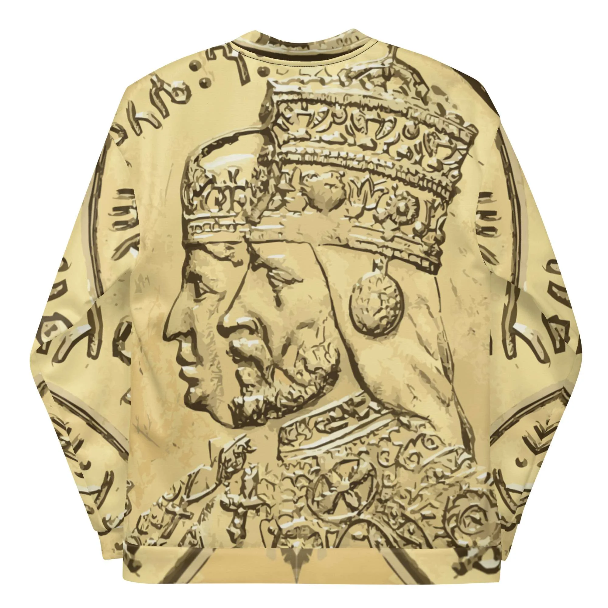 Haile Selassie Empress Menen Gold Bomber Jacket back view in royal design. Original designs and clothing at Rastaseed.com Rastafarian and Reggae clothing.shop.
