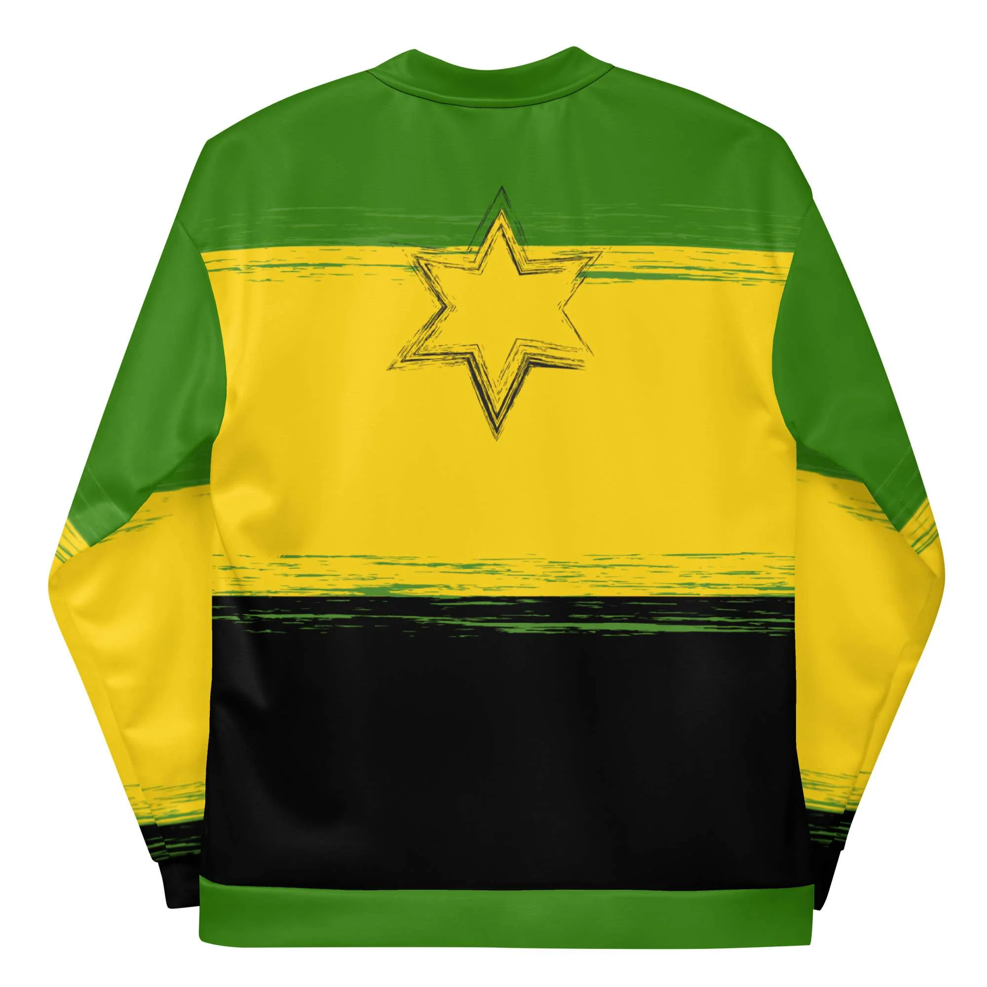 Jamaican Lion Bomber Jacket back view in Jamaican colors with Lion of Judah. Rastaseed original Jamaican and Reggae merchandise and clothing.