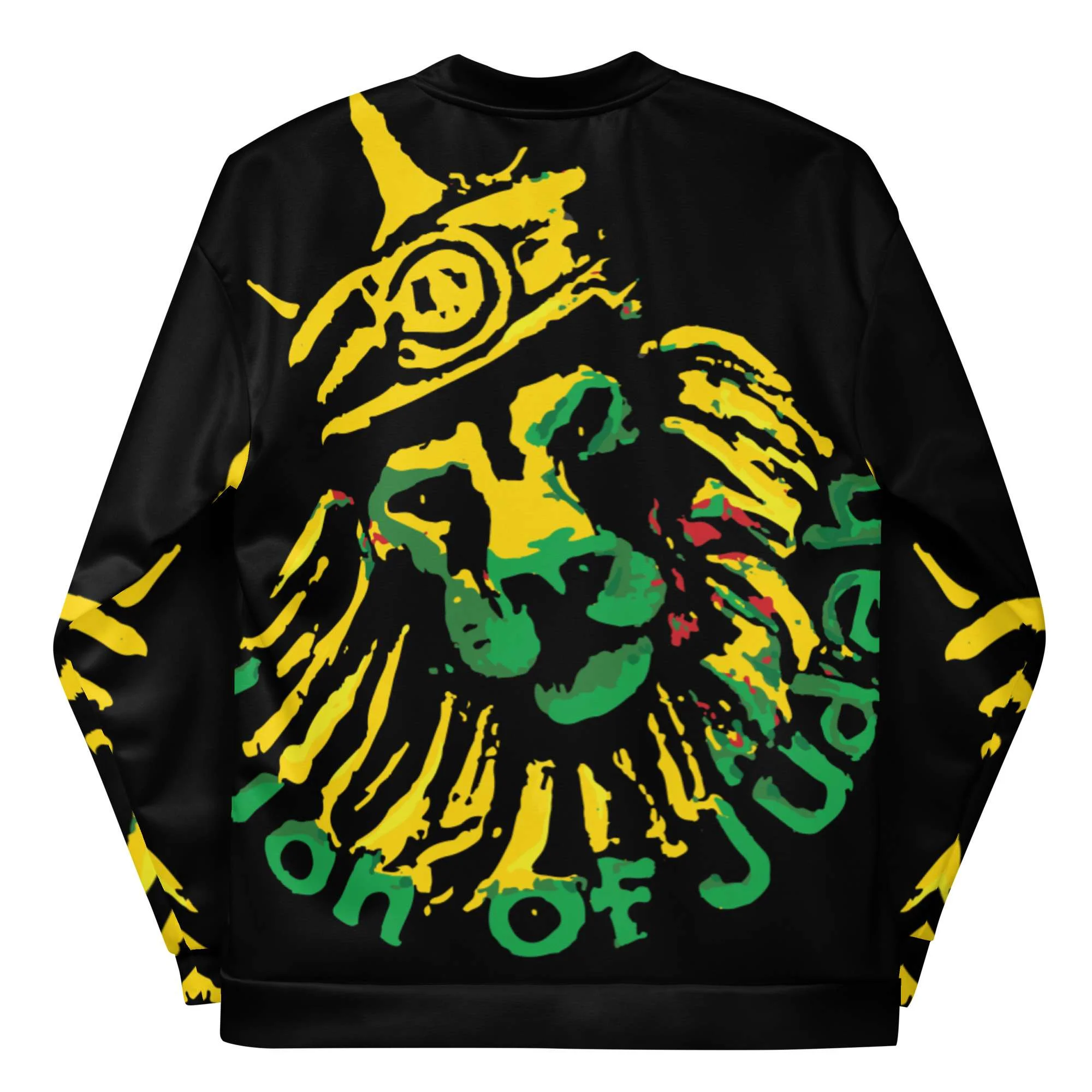 Jamrock Jamaican Bomber Jacket back view with original Lion design. Jamaican colors on black. Original Jamaican clothing from Rastaseed.com merchandise.