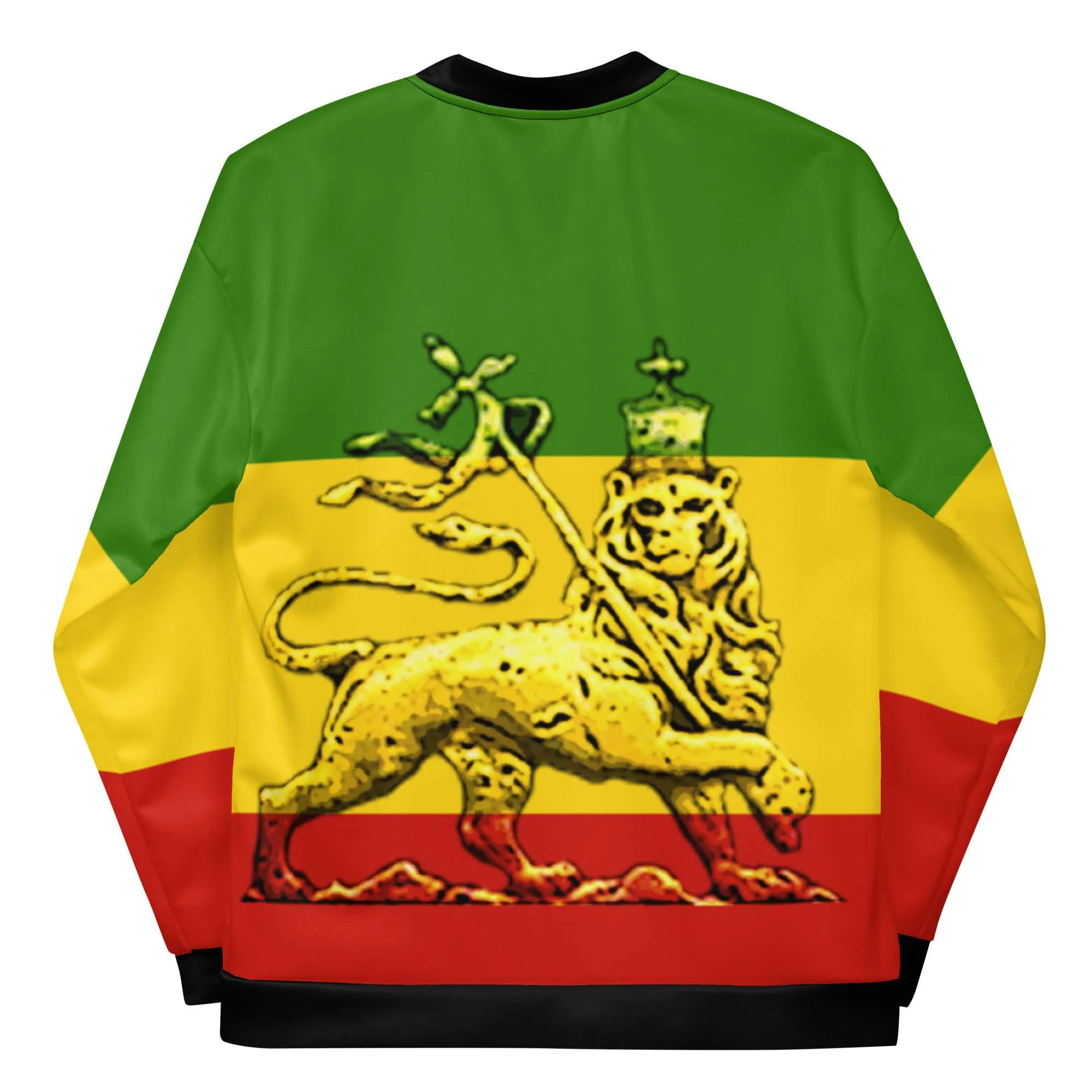 Conquering Lion of Judah Bomber Jacket in Rasta colors with black trim back view. Great design at Rastaseed.com merchandise and clothing.