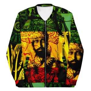Natural Mystic Rasta Bomber Jacket front view in vivd Rasta colors and original print. Polyester with metal zip and two front pockets.