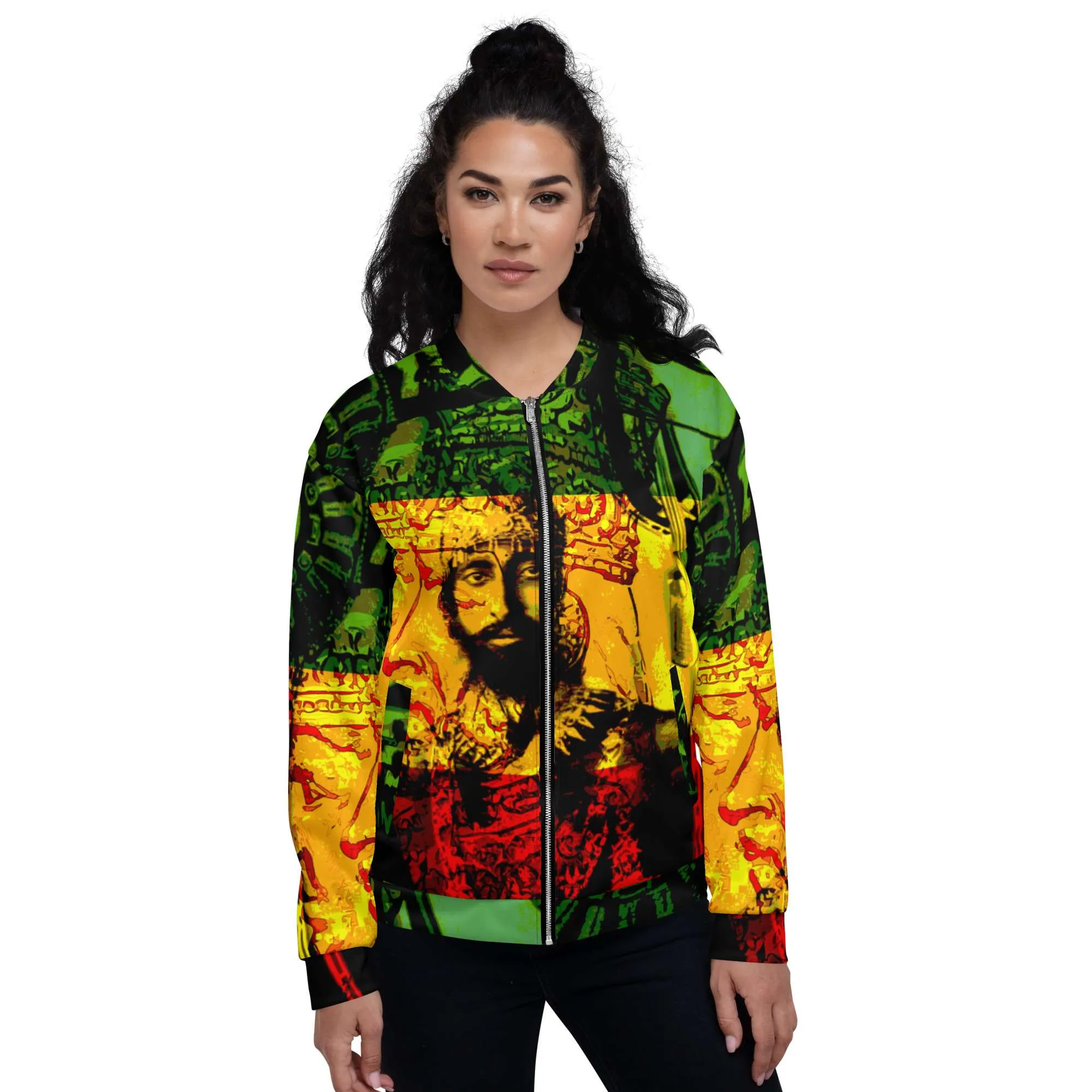 Natural Mystic Rasta Bomber Jacket female model front view in vivd Rasta colors and original print. Polyester with metal zip and two front pockets.