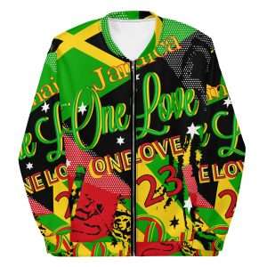 Reggae Party Bomber Jacket in Fyah Design. Polyester with metal zip and two front pockets and fleece inside. Original Rasta Reggae Merchandise and clothing.