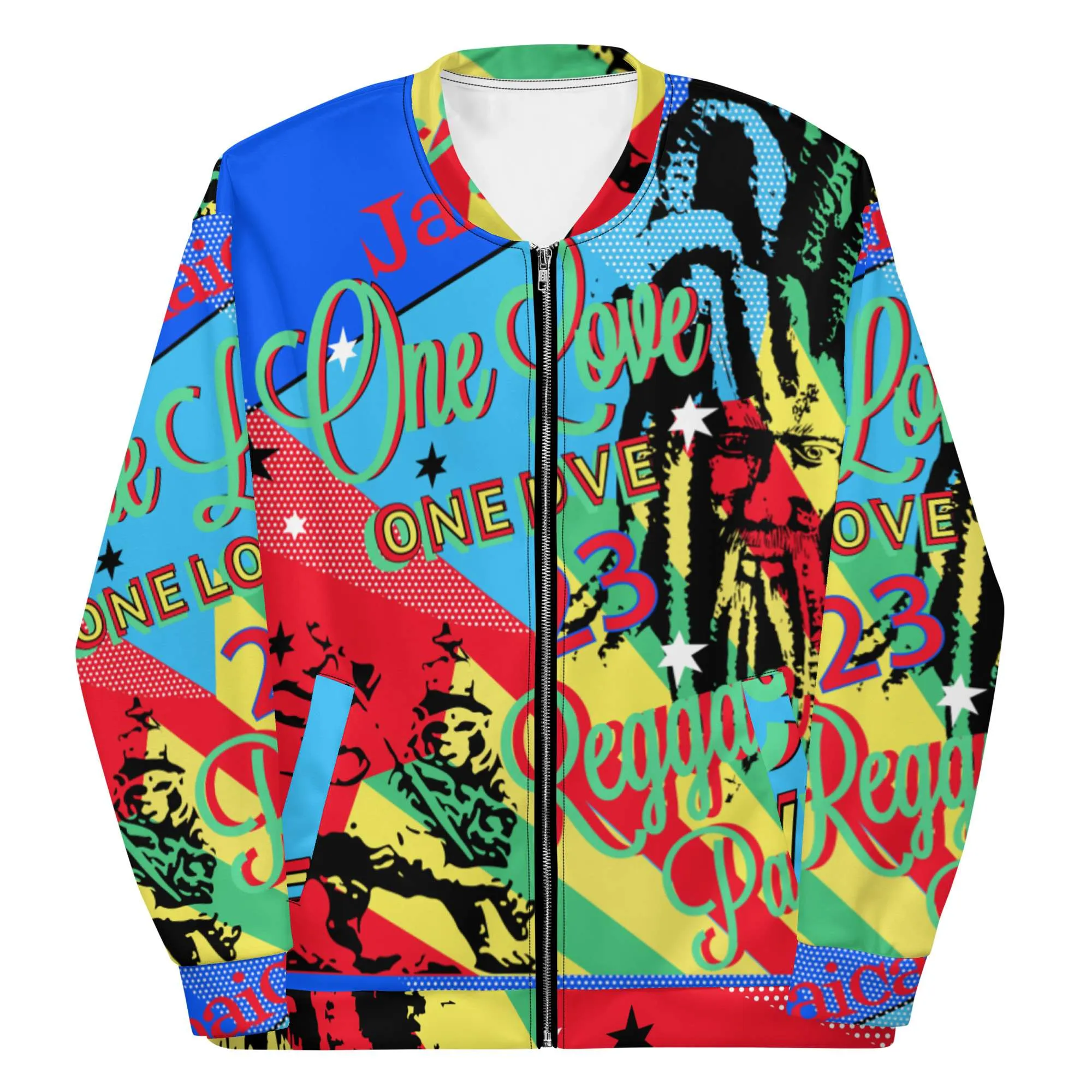 One Love Jamaican Reggae Party Bomber Jacket front view in vivid coloured design. Polyester with fleece inside, metal zip and two pockets.
