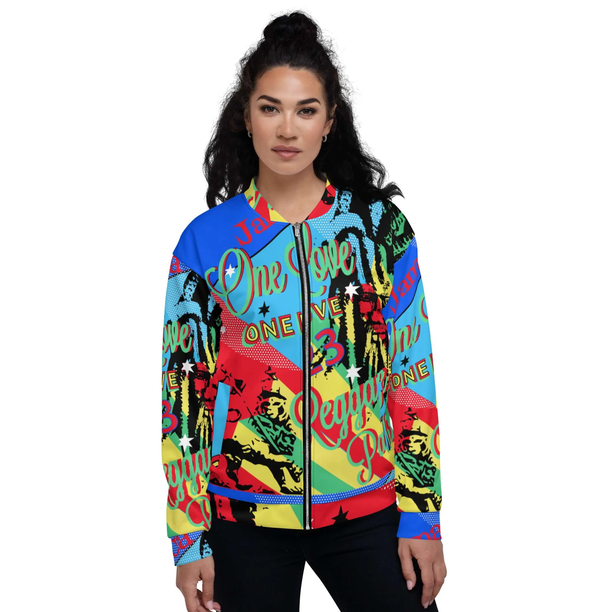One Love Jamaican Reggae Party Bomber Jacket female model front view in vivid coloured design. Polyester with fleece inside, metal zip and two pockets.