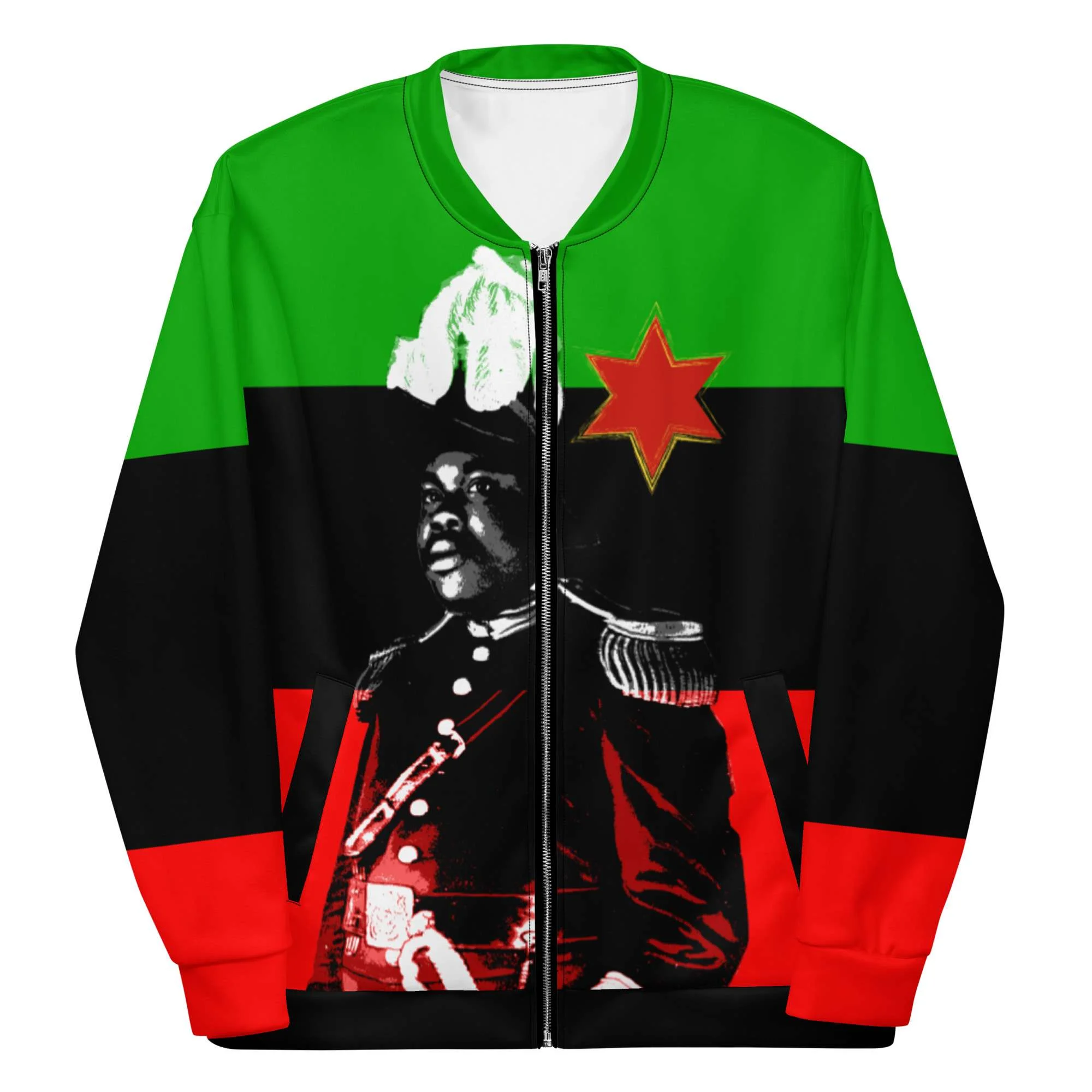 Marcus Garvey Bomber Jacket front view in vivid colors. Polyester with fleece inside metal zip and two front pockets. Original Jamaican Rasta merchandise and clothing.