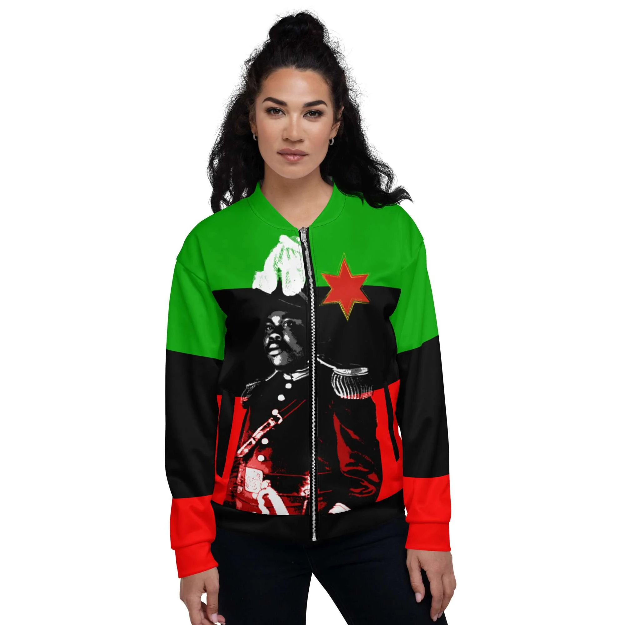 Marcus Garvey Bomber Jacket female model front view in vivid colors. Polyester with fleece inside metal zip and two front pockets. Original Jamaican Rasta merchandise and clothing.